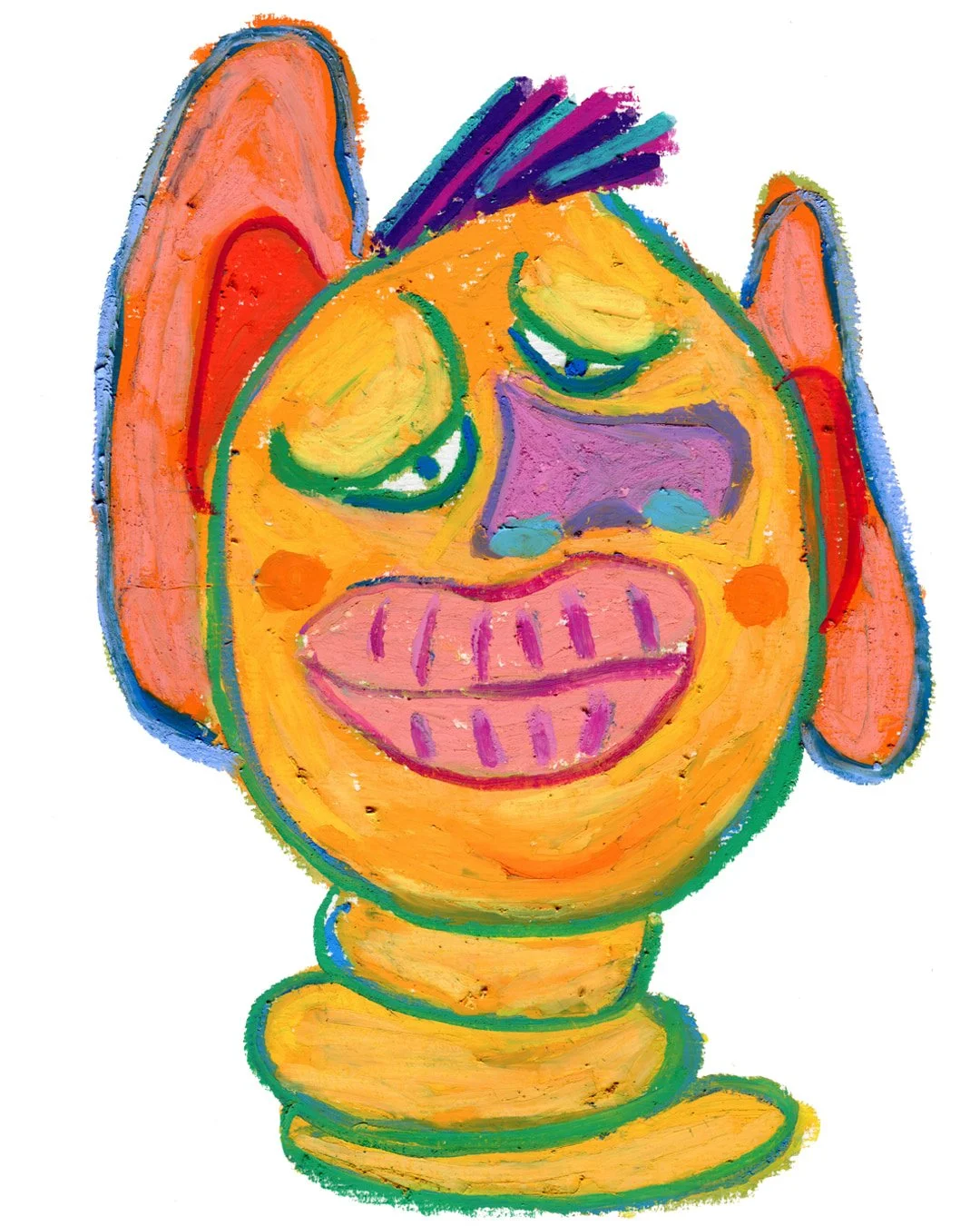 A playful creature is drawn with a huge lips, big nose and puffy eyes. Painting in oil pastel on fine arts paper by HK artist
