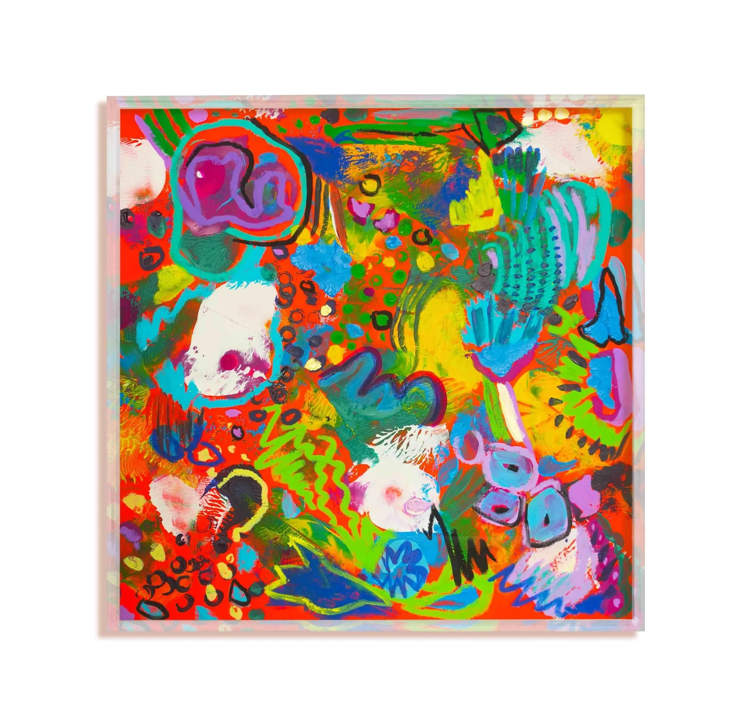 Abstract painting with lively shapes and cellular motifs, showcasing a rich palette and diverse textures in its composition.