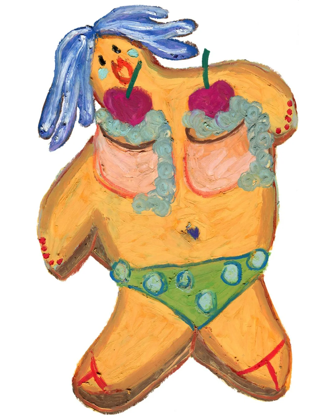Two pudding with red cherry on top, they were placed on a sexy dish.Painting in oil pastel on fine arts paper by HK artist