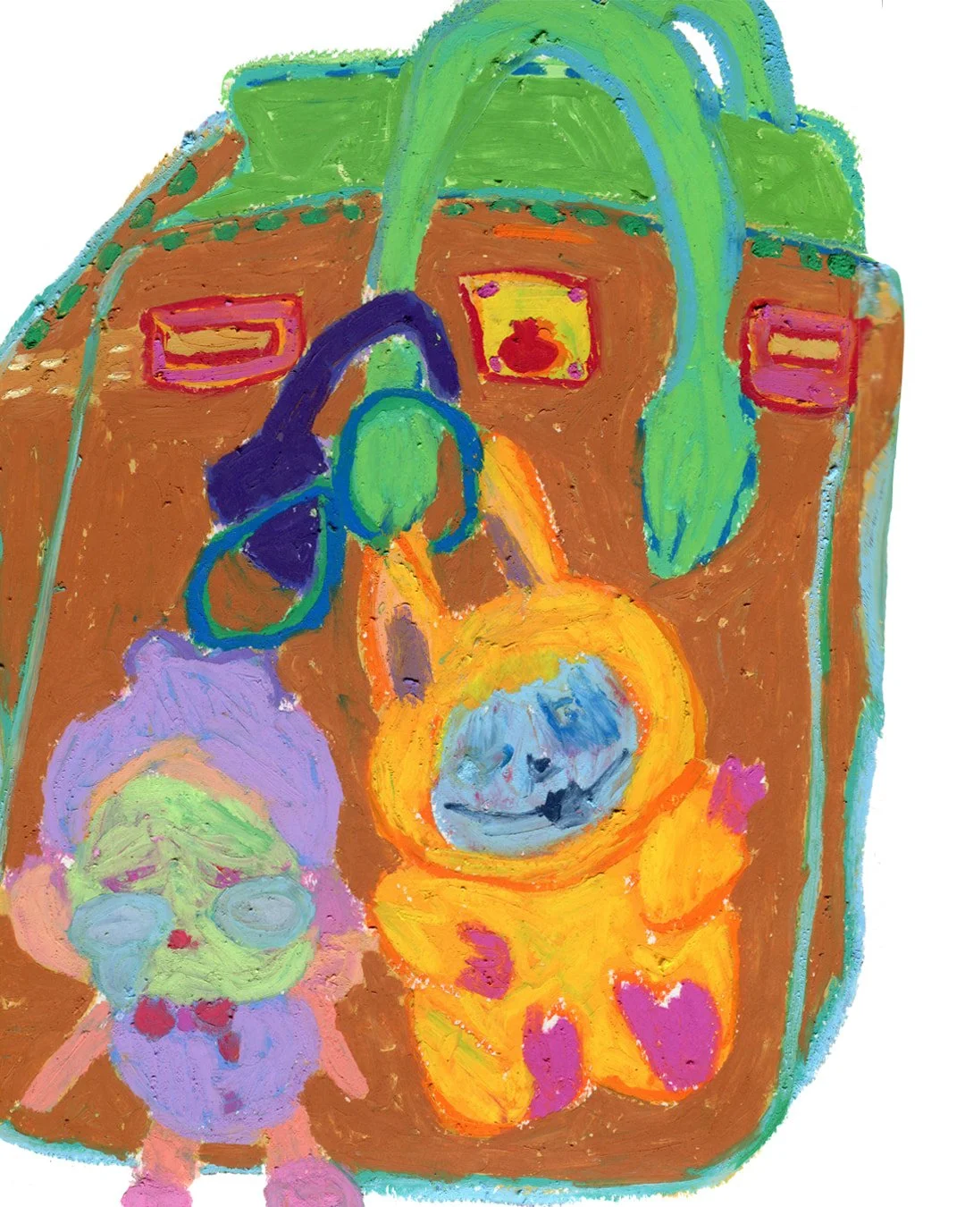 Two shaped labubu/cryingbaby-like toys are holding on a hermes-like luxury charming handbag. Painting in oil pastel on fine arts paper by HK artist