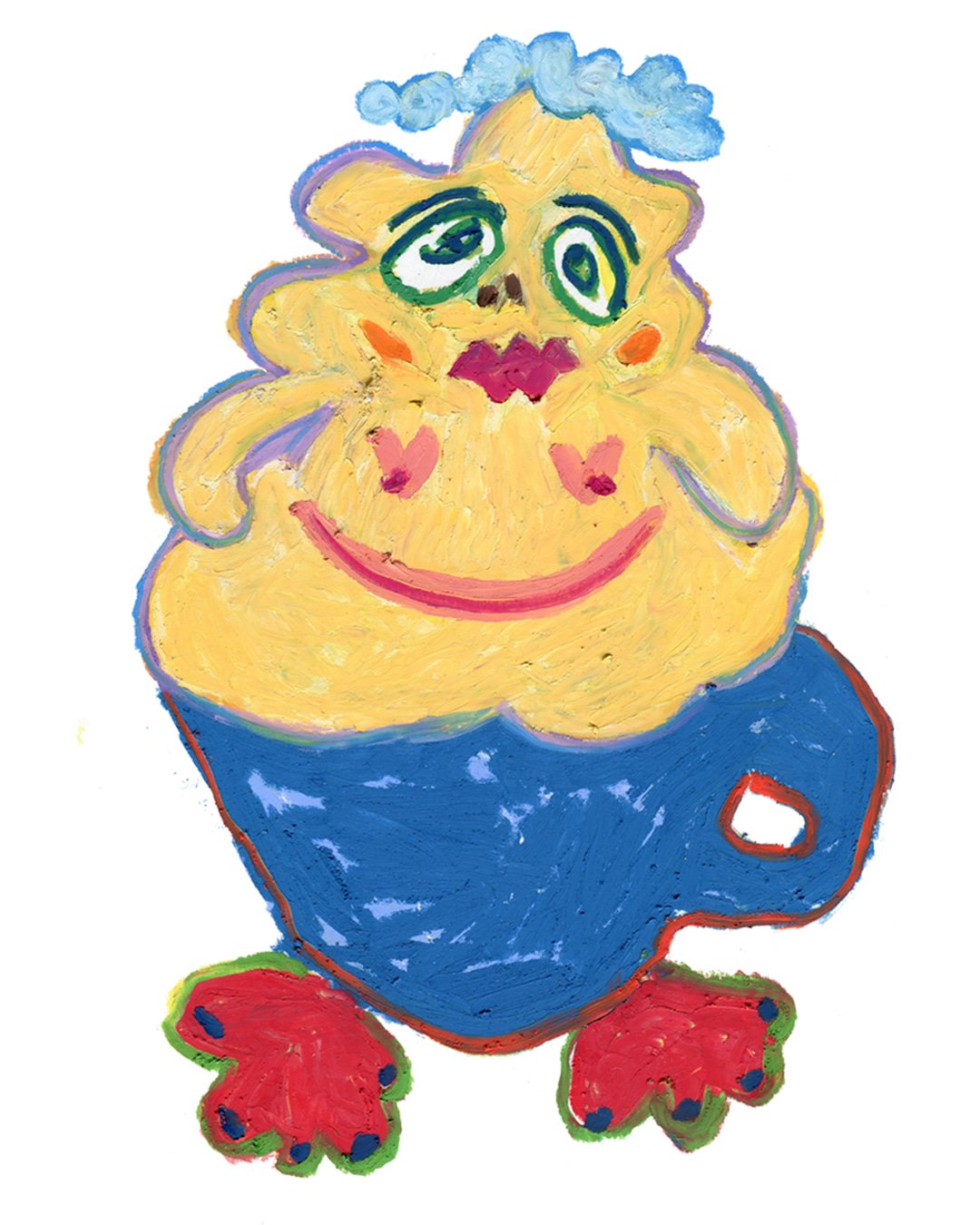 A cute painting of a cappucino featuring a smiling face, topped with bright frosting and playful details. Painting in oil pastel on fine arts paper by HK artist