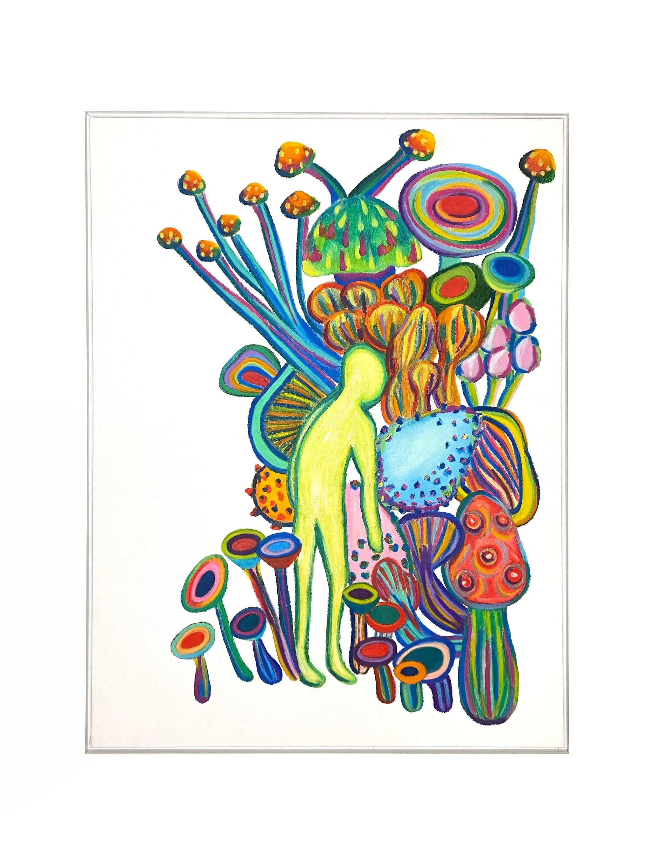 A lively painting showing a man in a bright yellow light standing next to a giant mushroom, surrounded by diverse fungi species.