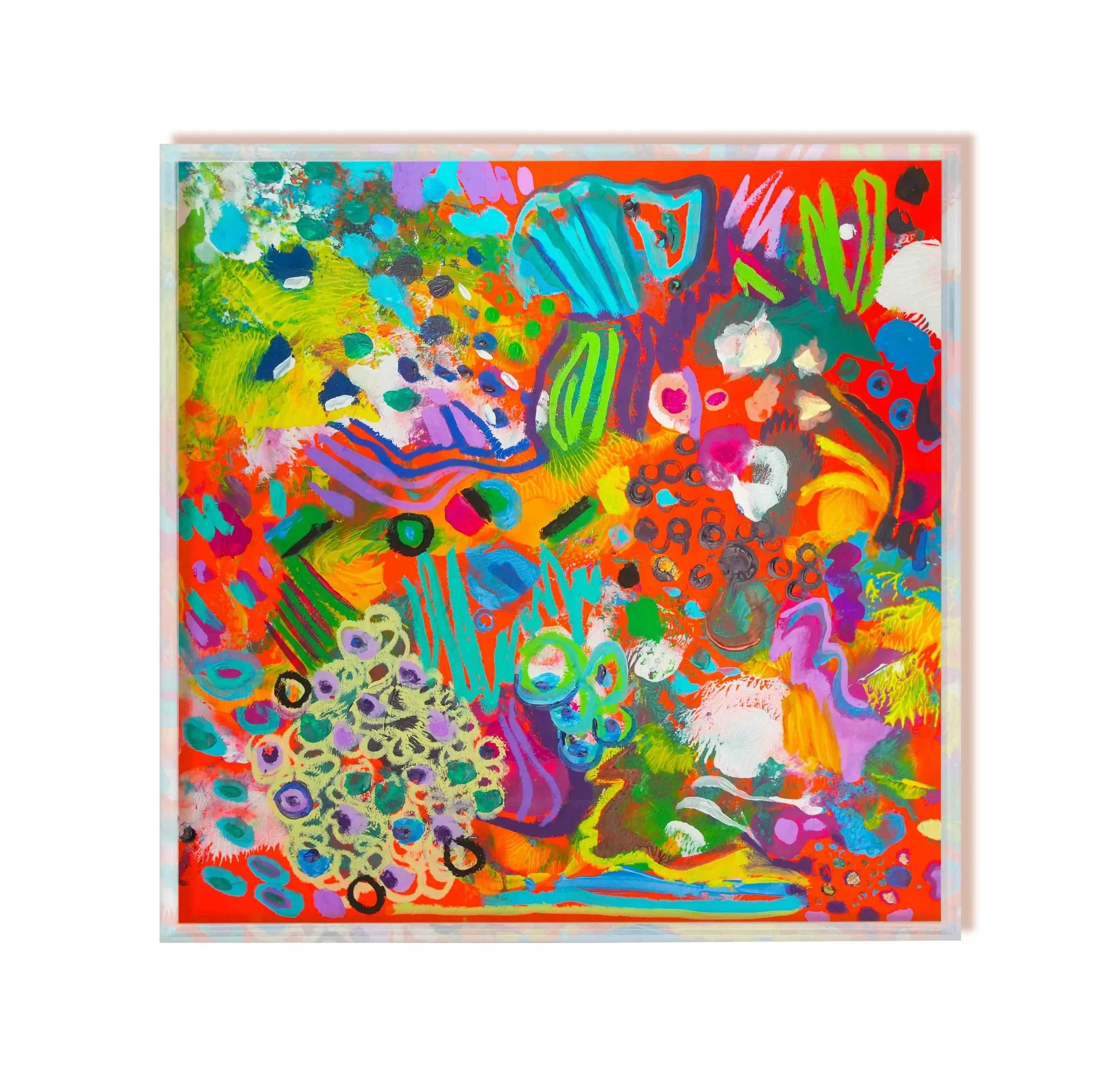 An abstract artwork filled with bright shapes, emphasizing diverse textures and a lively color palette.