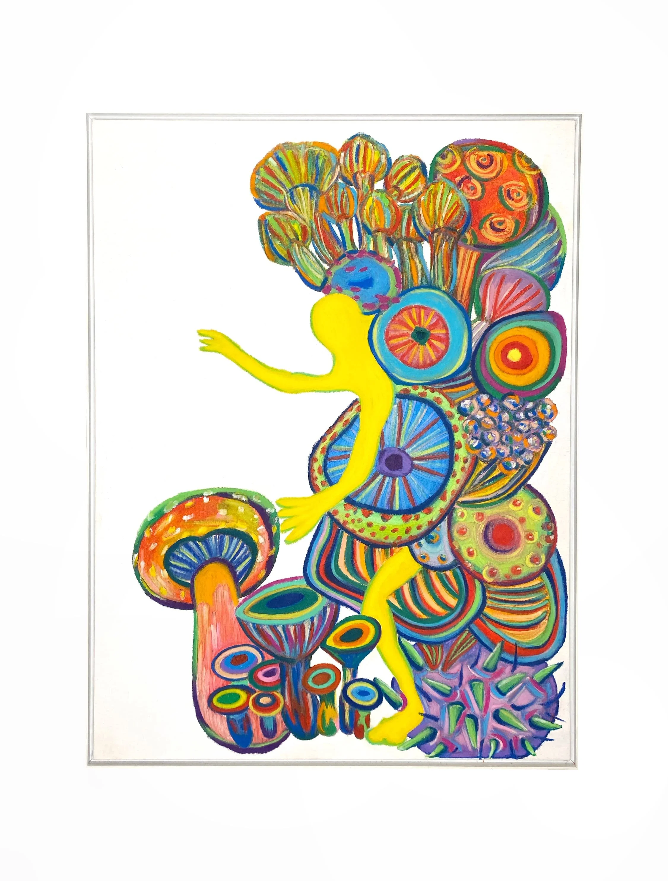 A lively painting featuring a person in a colorful setting filled with diverse fungi, painting in oil pastel acrylic and mixed media on white canvas.