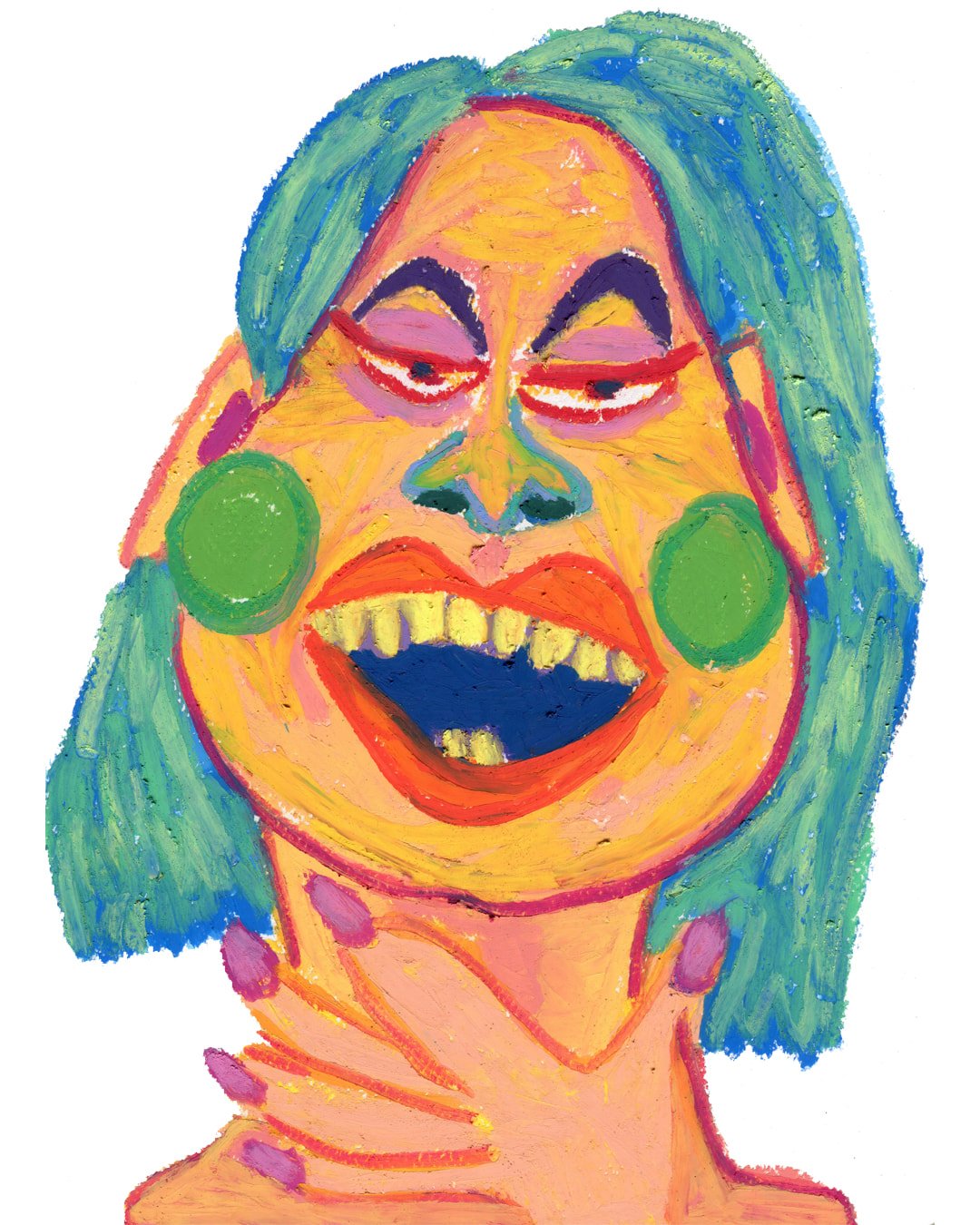 A woman grinning widely with teeth visible but eyes squinted shut, pretending to be very happy, her hand lightly propping her chin. Painting in oil pastel on fine arts paper by HK artist
