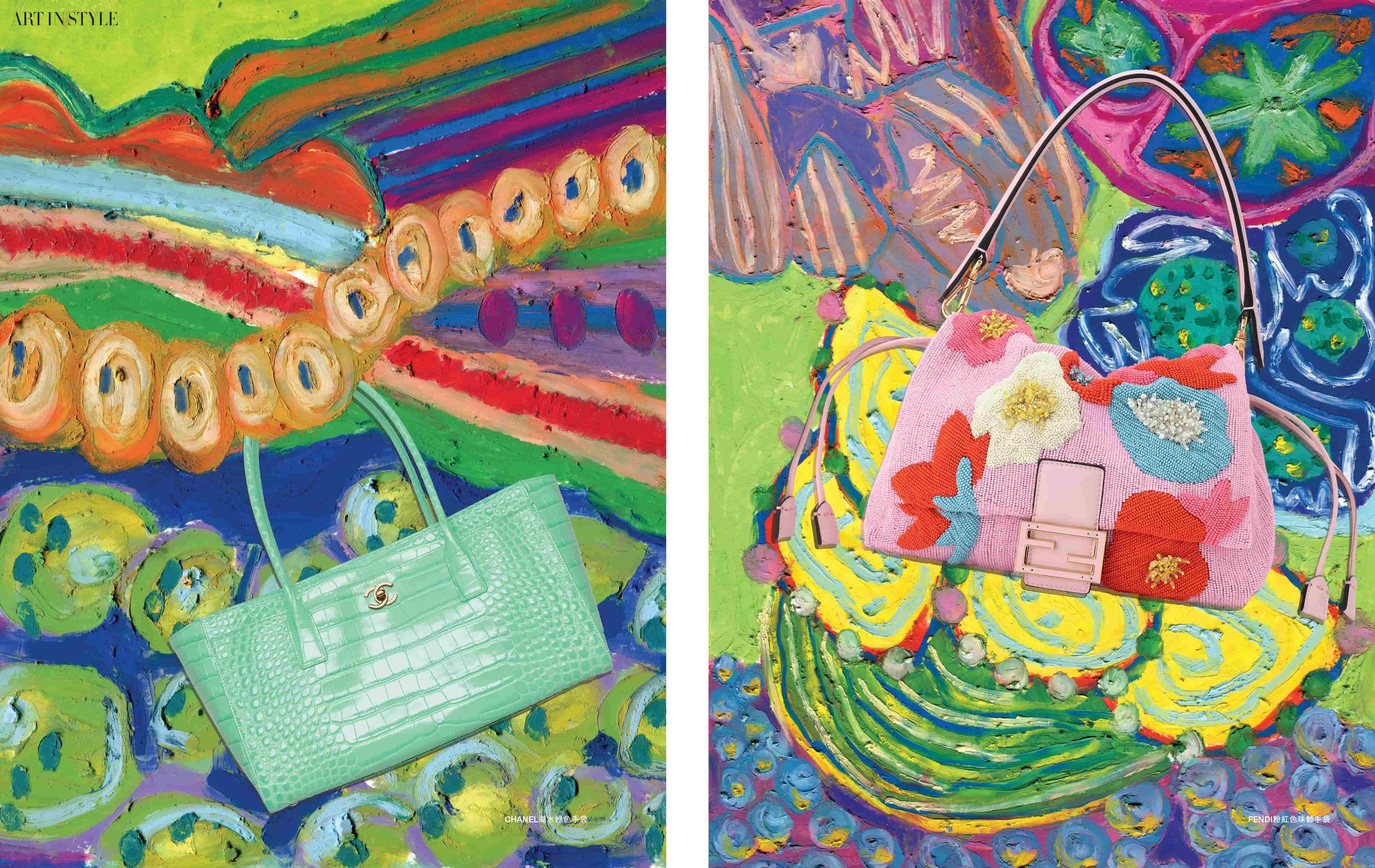 A pair of paintings featuring an assortment of colorful purses and bags, emphasizing their artistic flair and diversity by HK artist BIKUTAMALAMIA