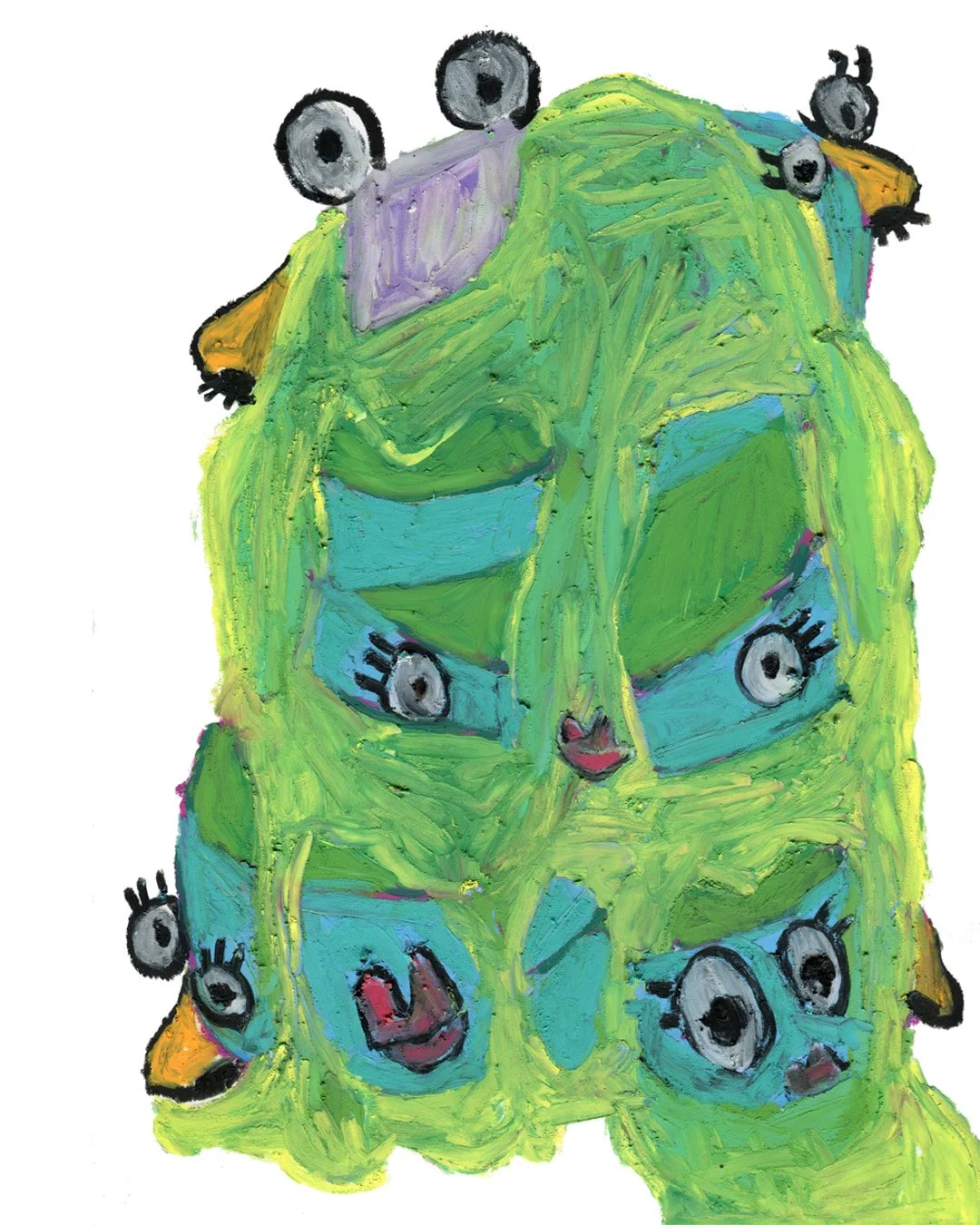 Syrup cascades over a spirited stack of pancakes that feature expressive eyes, a mouth, and a nose, brimming with life.Painting in oil pastel on fine arts paper by HK artist