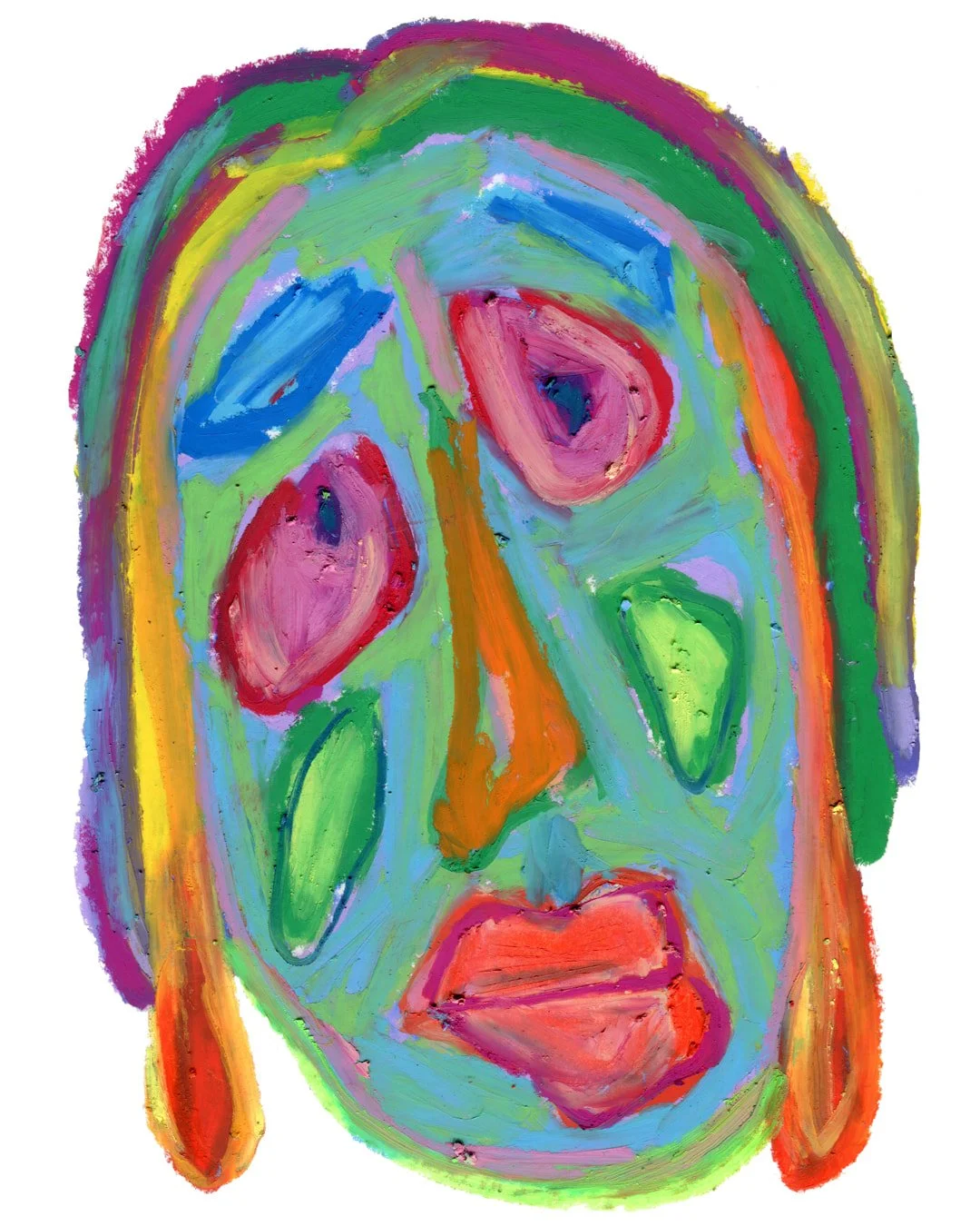 A striking painting showcasing a multicolored face, with a prominent tear symbolizing sadness or emotion.