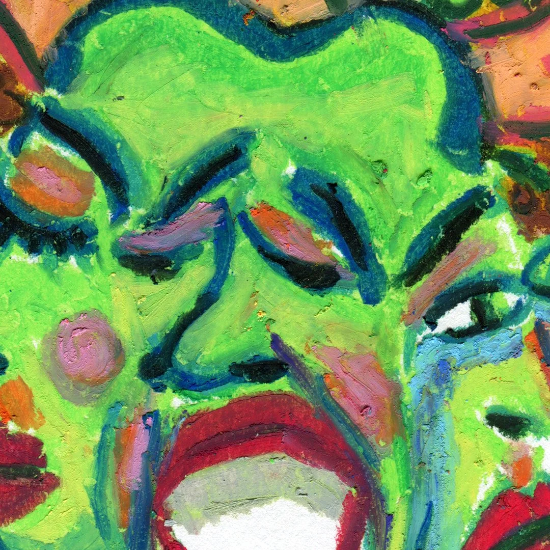 Close up of a vivid colour painting of a 3 faced character with a crown, deeply immersed in Buddhist prayer, reflecting spirituality. Painting in oil pastel fine arts paper
