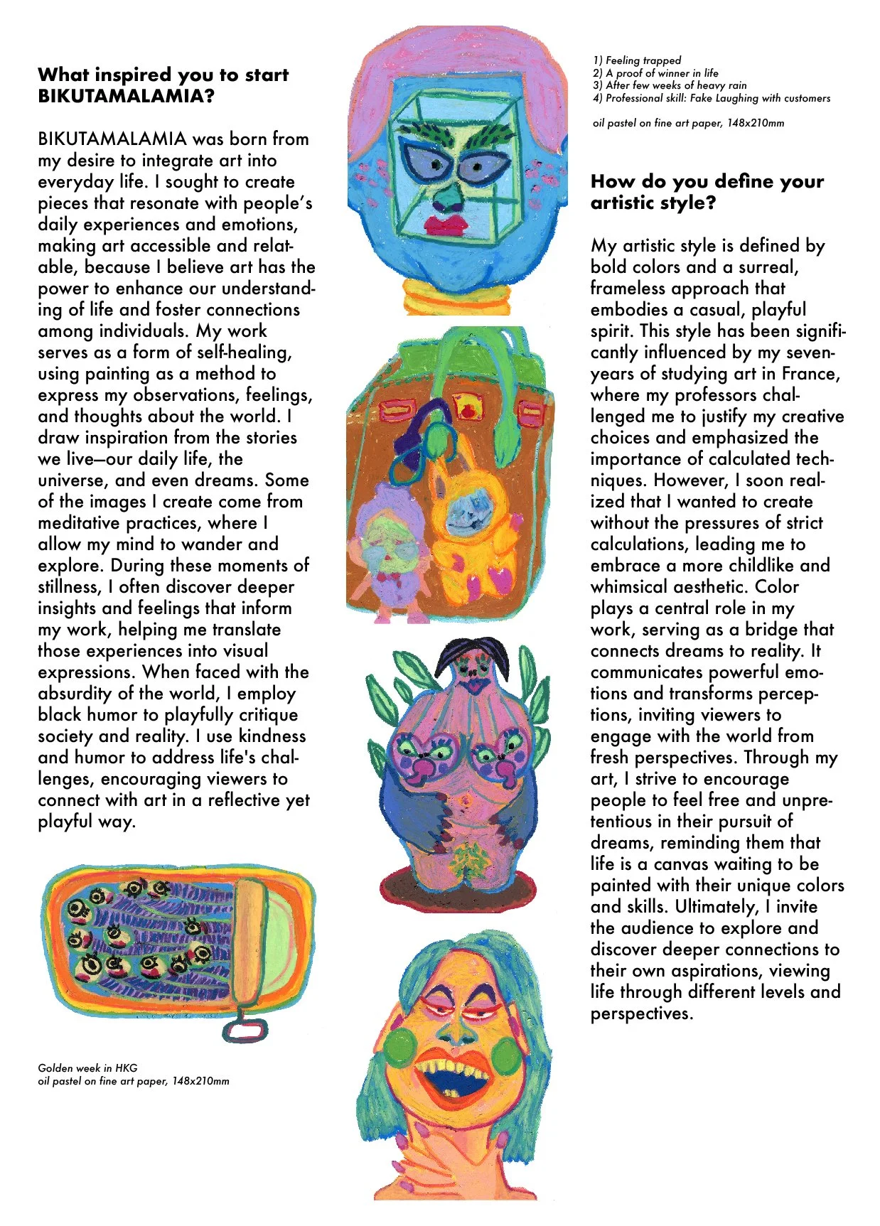 A magazine interview with vibrant oil pastel painting of individuals and objects, combining visual art with written content.