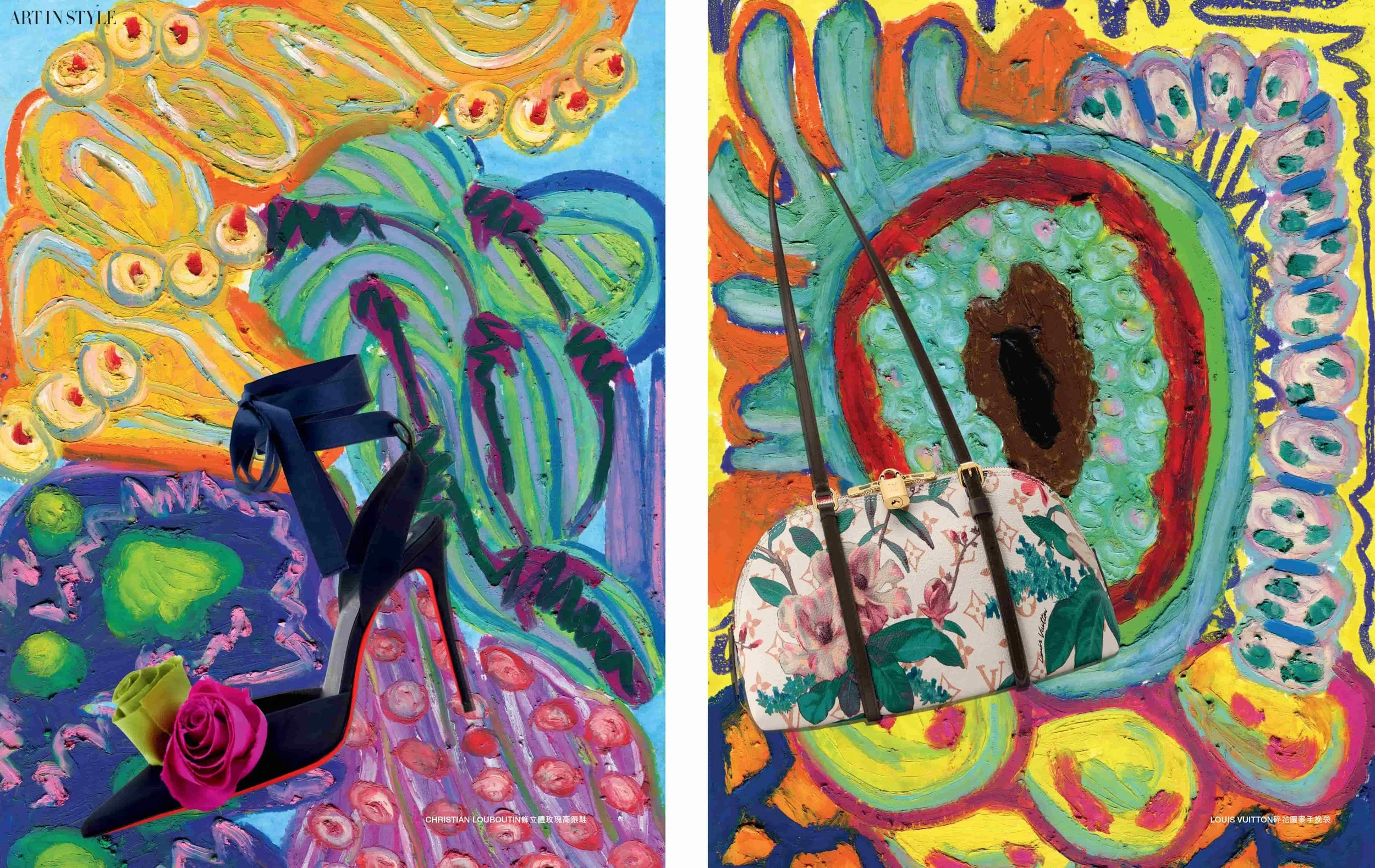 Two vibrant paintings featuring colorful cellular designs and intricate patterns, accompanied by luxury heels and a stylish bag. Painting are in oil pastel, surreal bold and playful