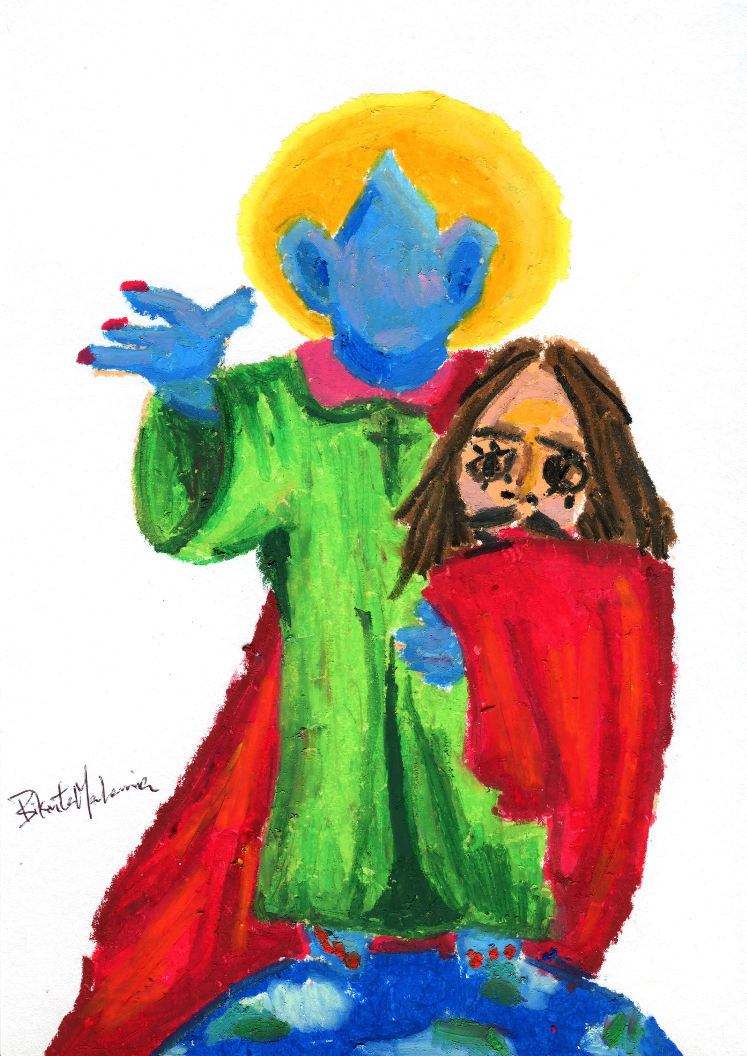 A oil pastel painting featuring a character standing on earth and its holding a head of a man resembling Jesus