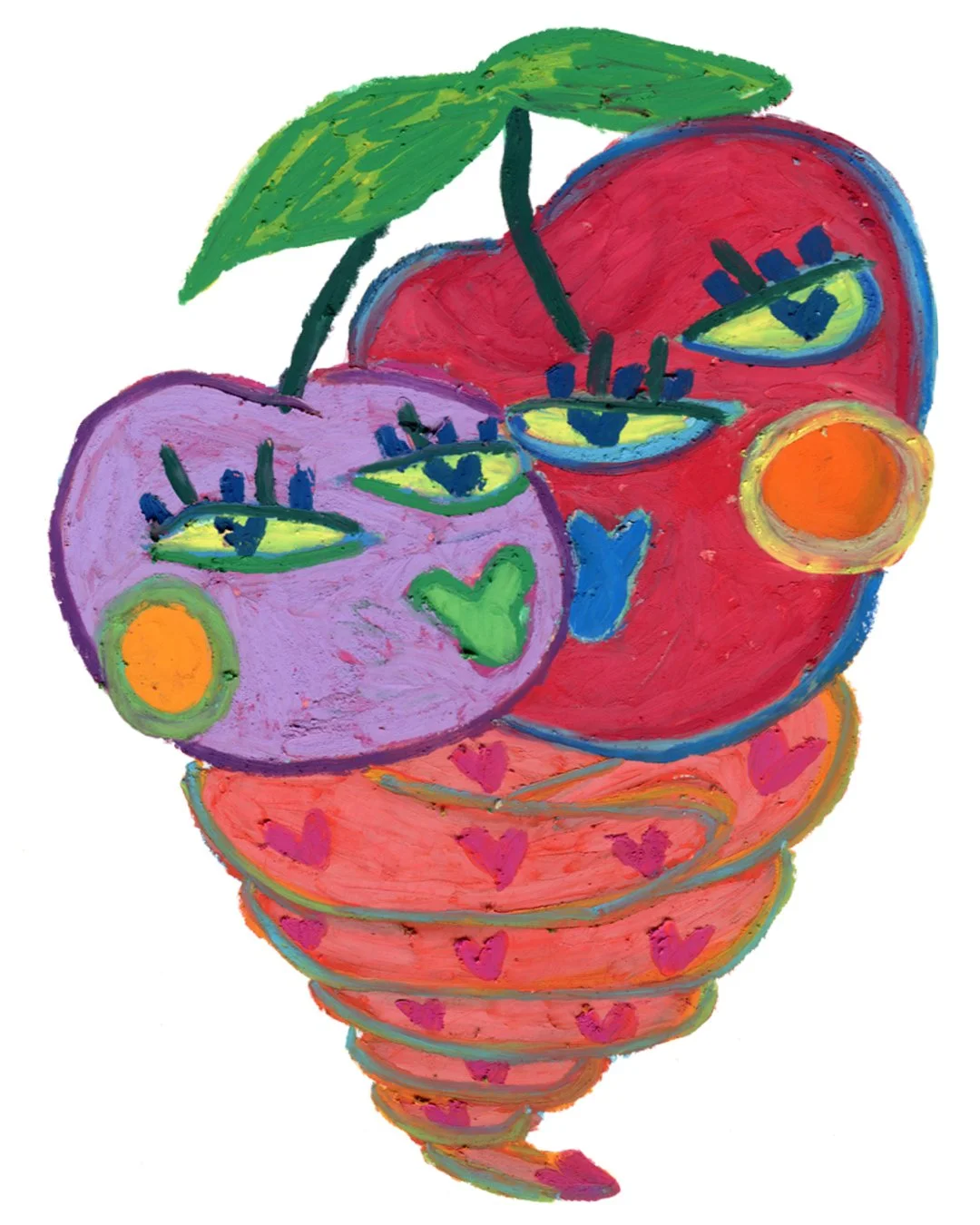 Two hearts embracing tightly, surrounded by blessing and golden warmth. Painting in oil pastel on fine arts paper by HK artist