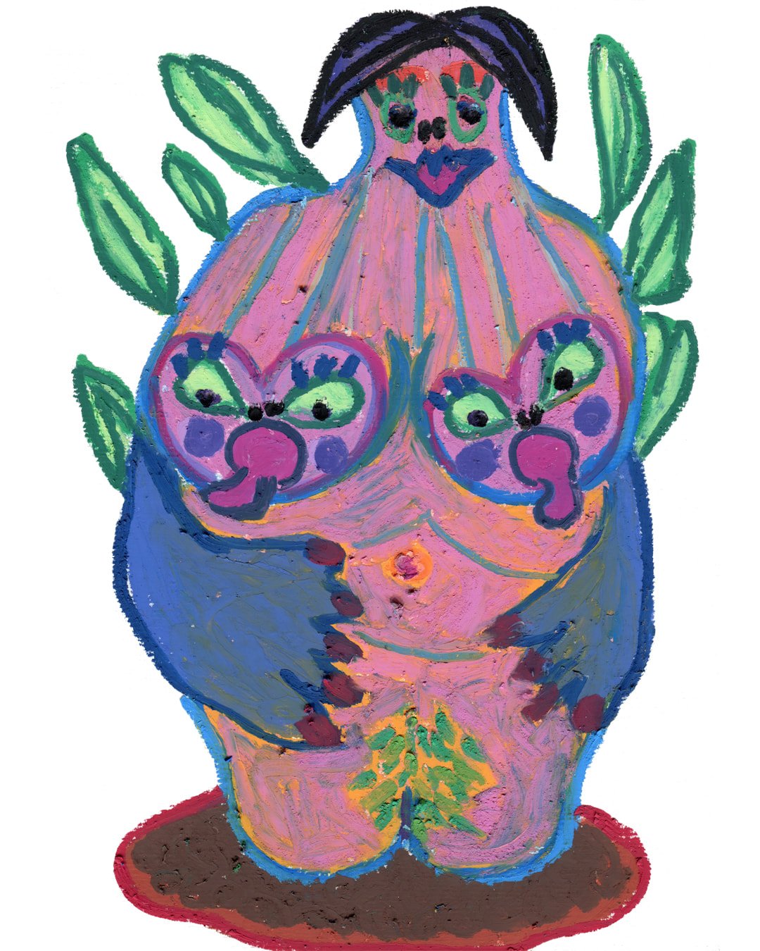A surreal tree with enormous breasts, smiling joyfully and embracing itself. Painting in oil pastel on fine arts paper by HK artist