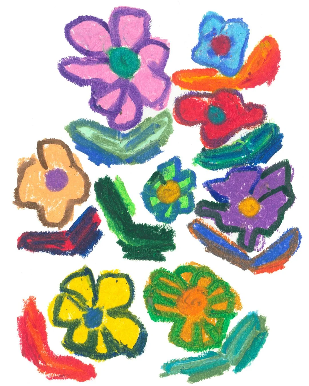 A vibrant painting of various colorful flowers set against a clean white background.