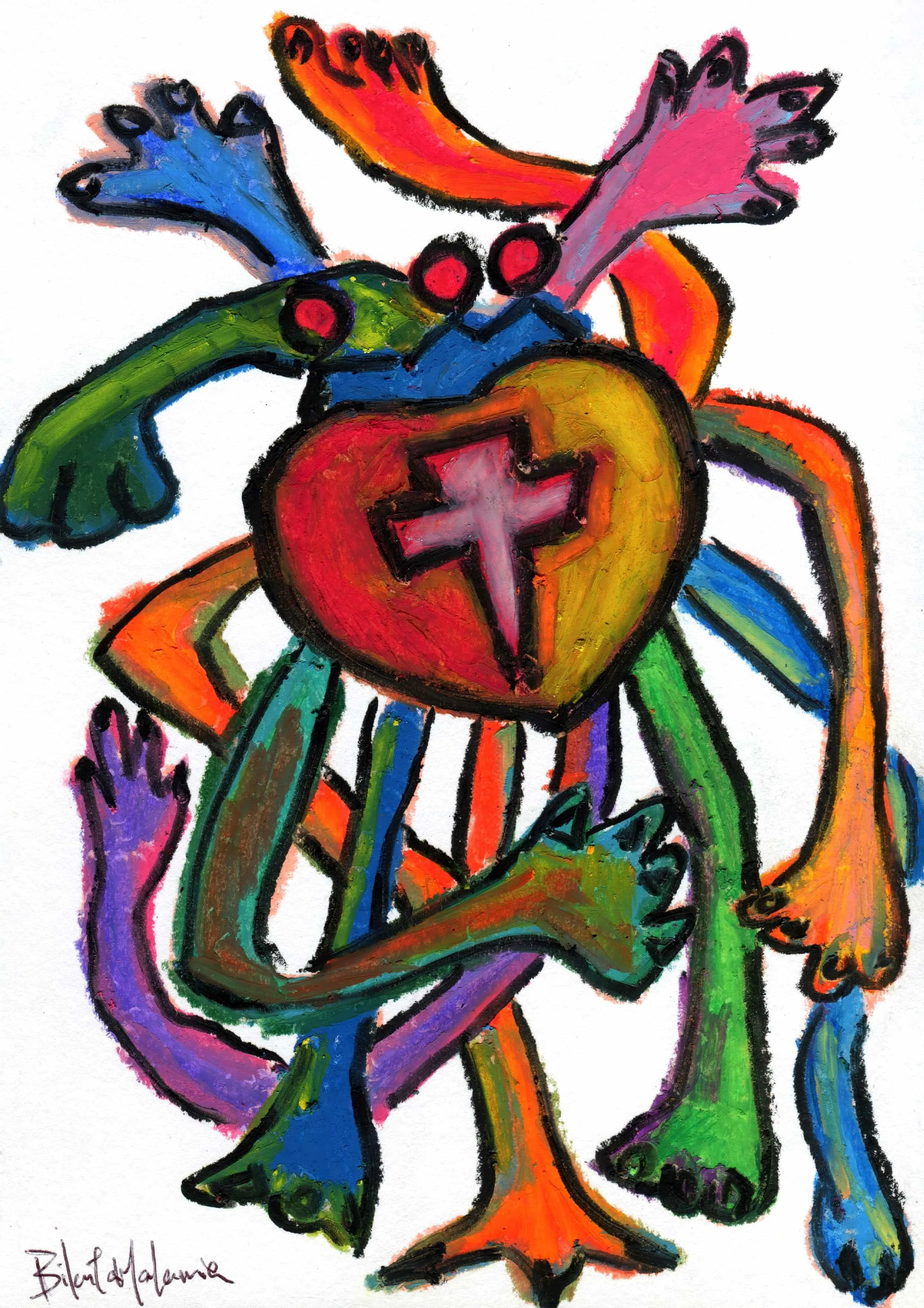 A colourful painting depicting a cross being held by multiple hands, conveying themes of support and togetherness in spirituality.