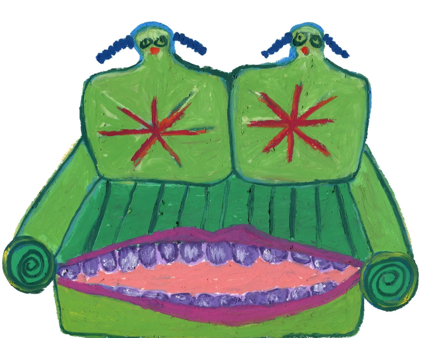 Two seats sofa shaped like a pair of twins. Painting in oil pastel on fine arts paper by HK artist