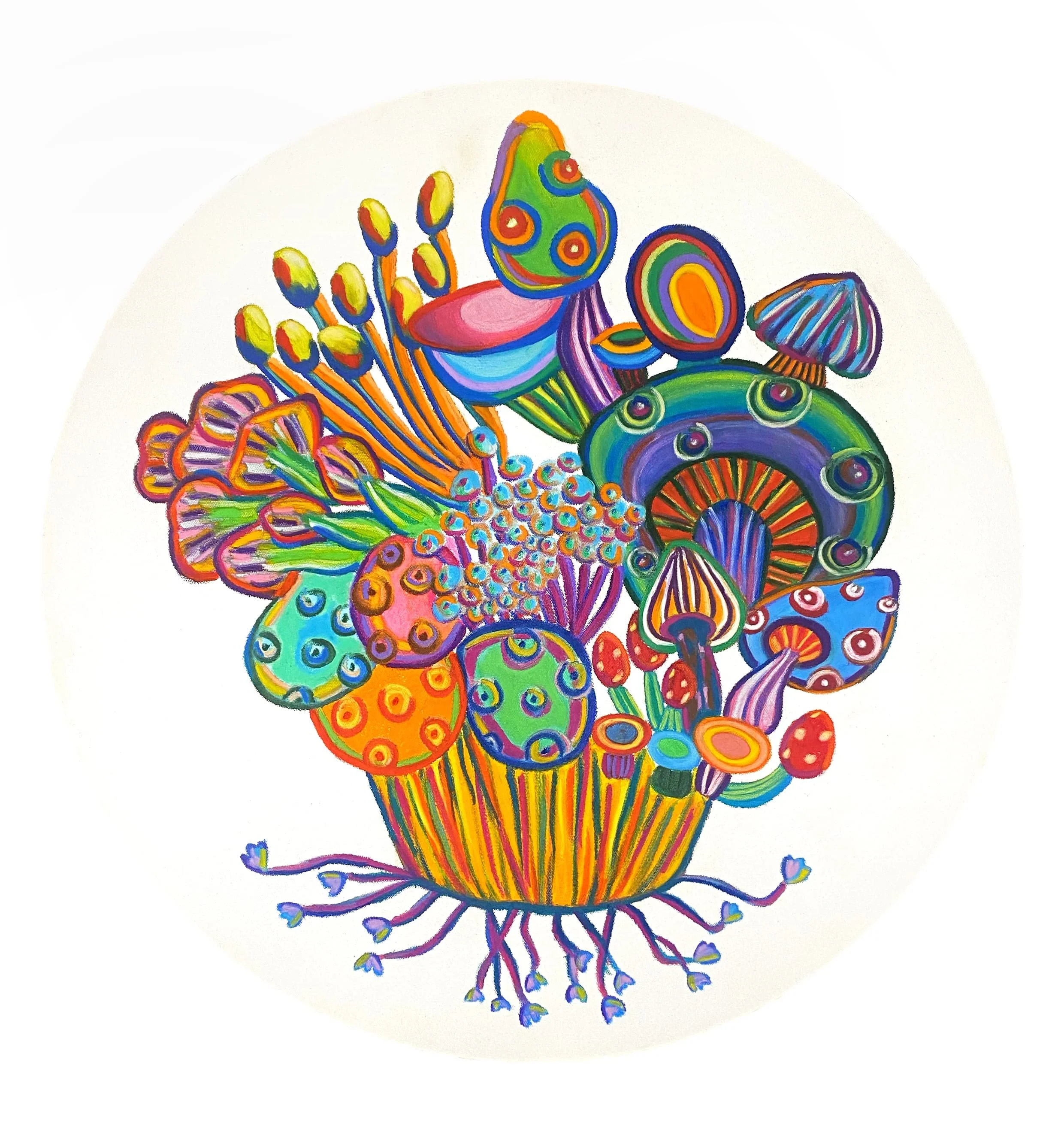 A colorful painting of assorted mushrooms and vibrant plants, artistically arranged in a charming vase.