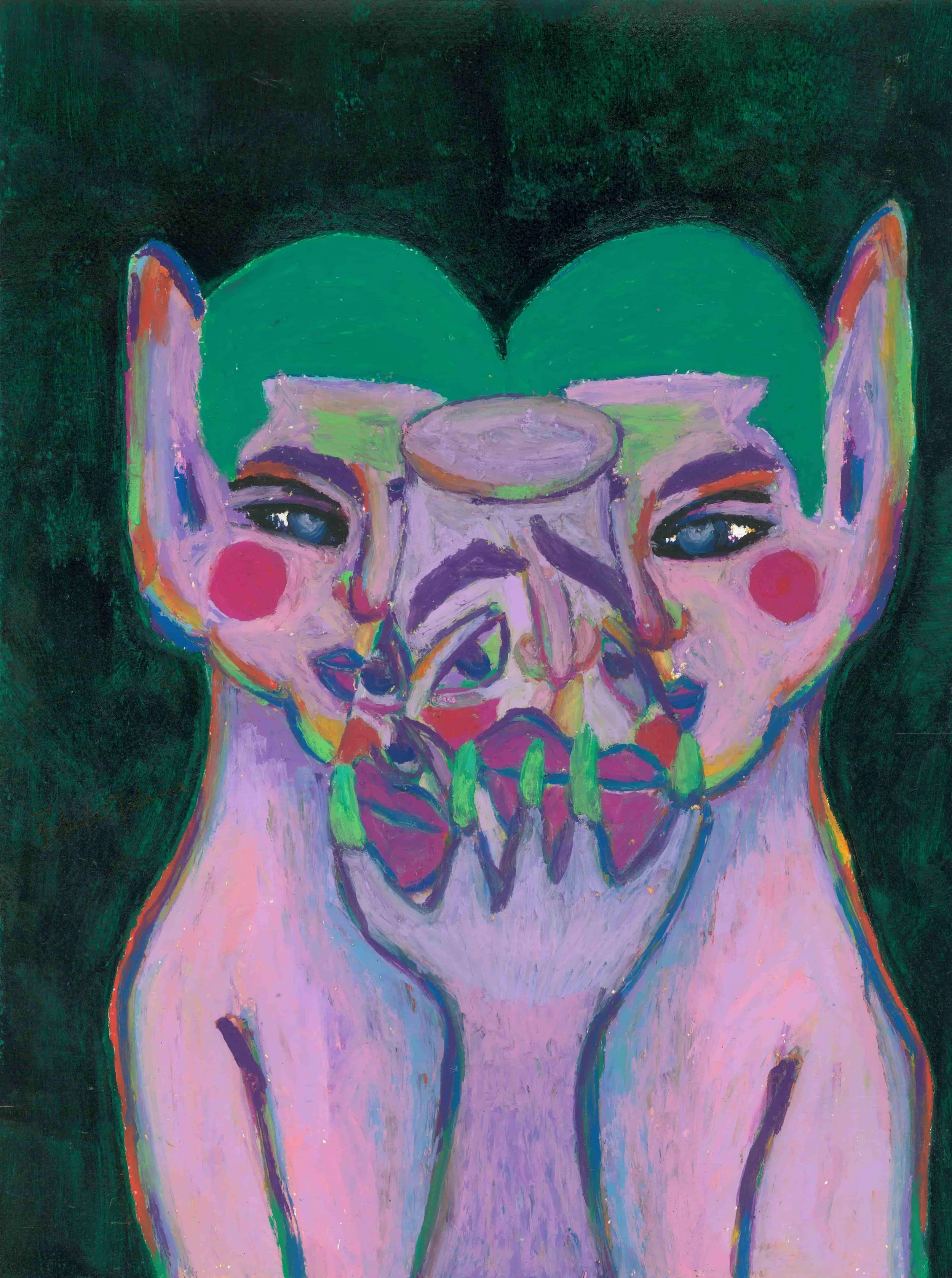 A striking artwork showing two figures with green hair and pink faces, enveloped in a swirl of vivid colors and shapes.
