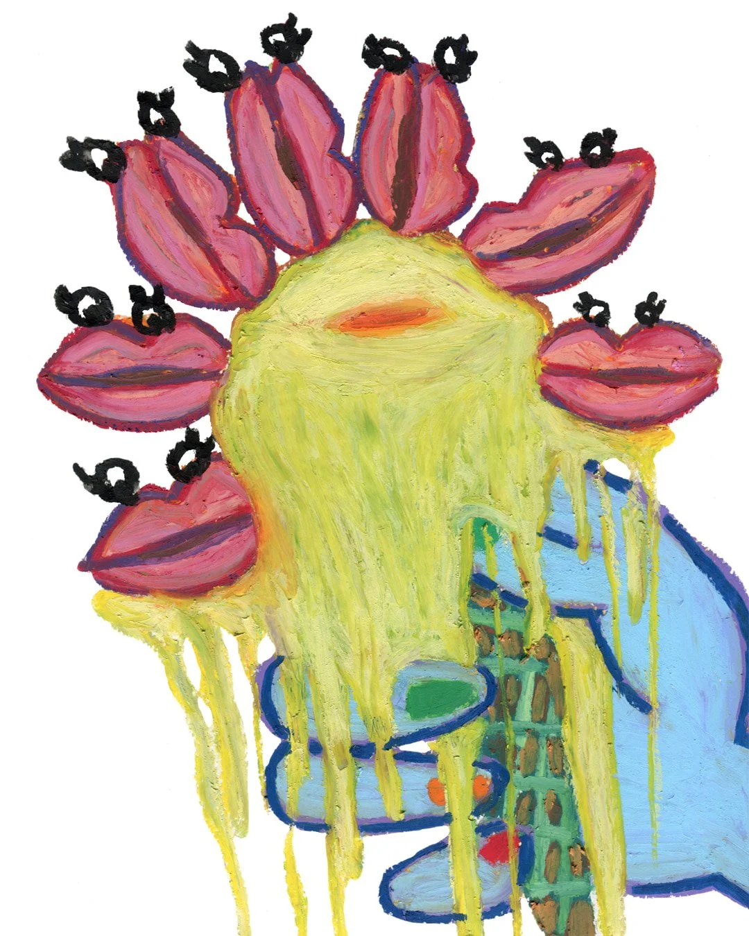 A blue hand holding a melting ice-cream with serval humain' lips on top. Painting in oil pastel on fine arts paper by HK artist