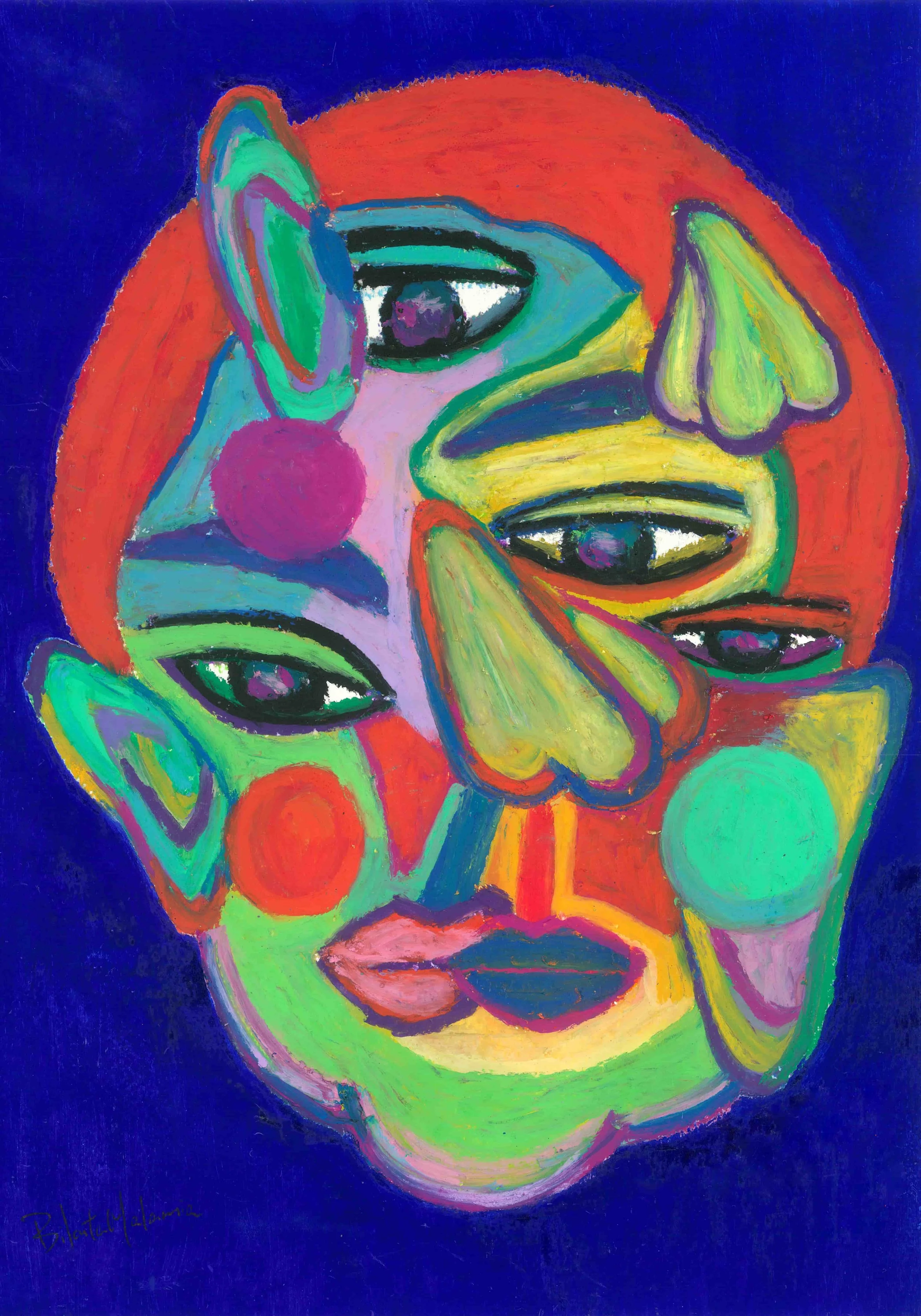 A vivid painting of a face, emphasizing large, captivating eyes and a unique nose, with a blend of bright and contrasting colors.