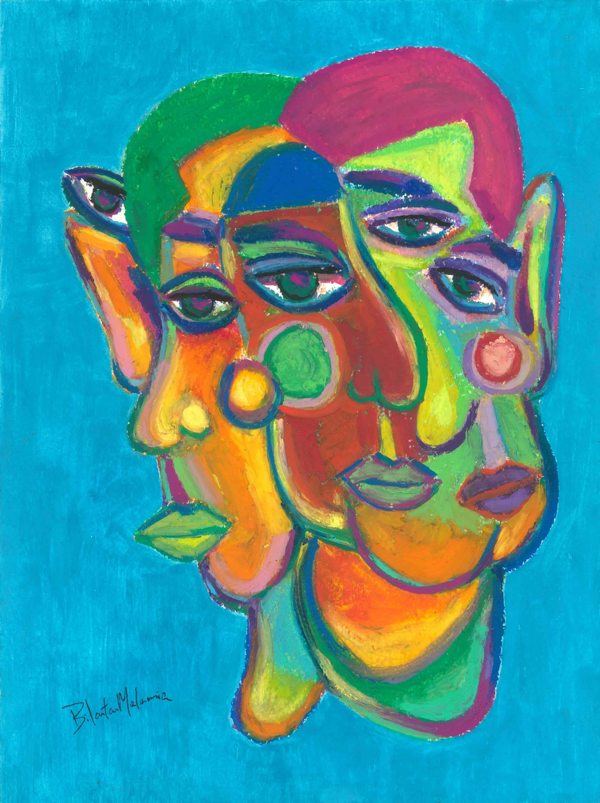 A striking painting of three figures, each in different colors, illustrating a theme of diversity and harmonious coexistence.