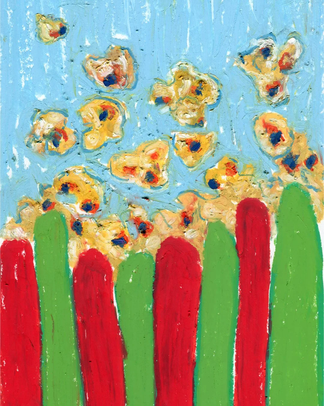 Pop corn alike a cloud, flying in the sky. Painting in oil pastel on fine arts paper by HK artist