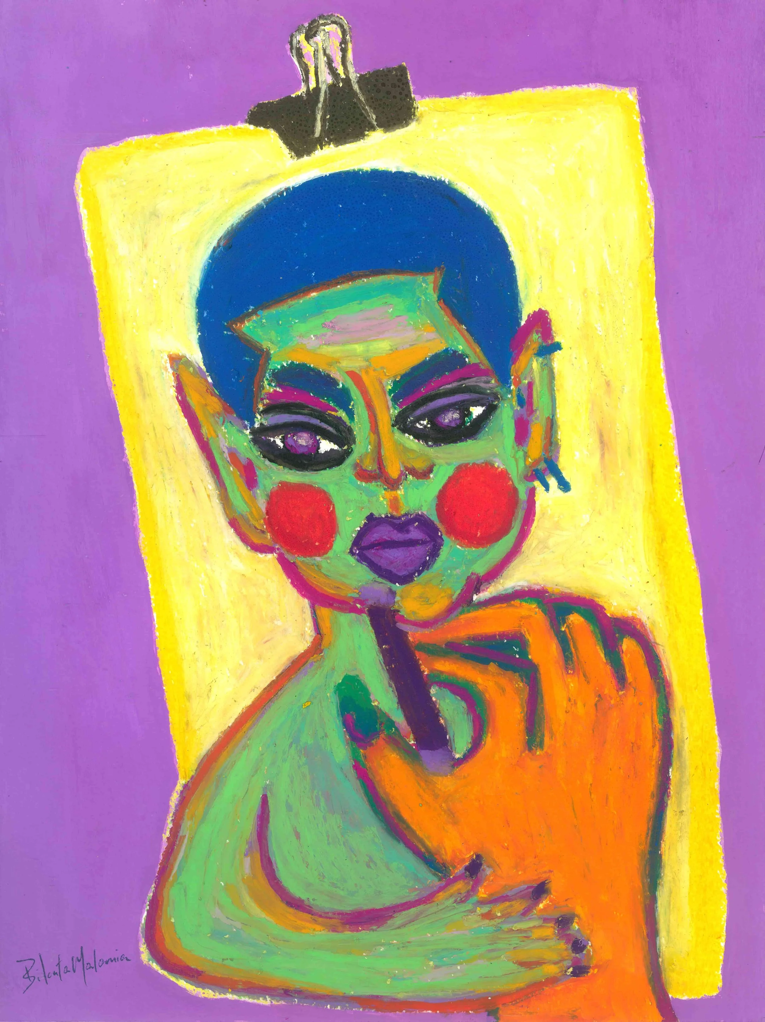 A painting of a child sketching his own portrait with a pencil, focused and immersed in his creative process.