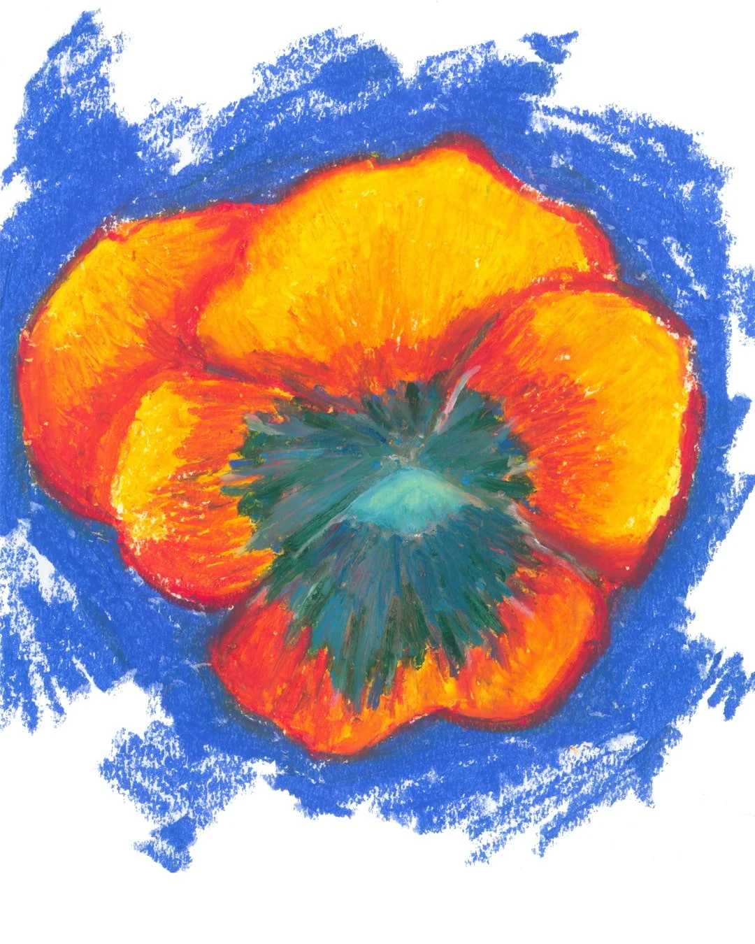 1. A painting of an orange flower set against a vibrant blue background.