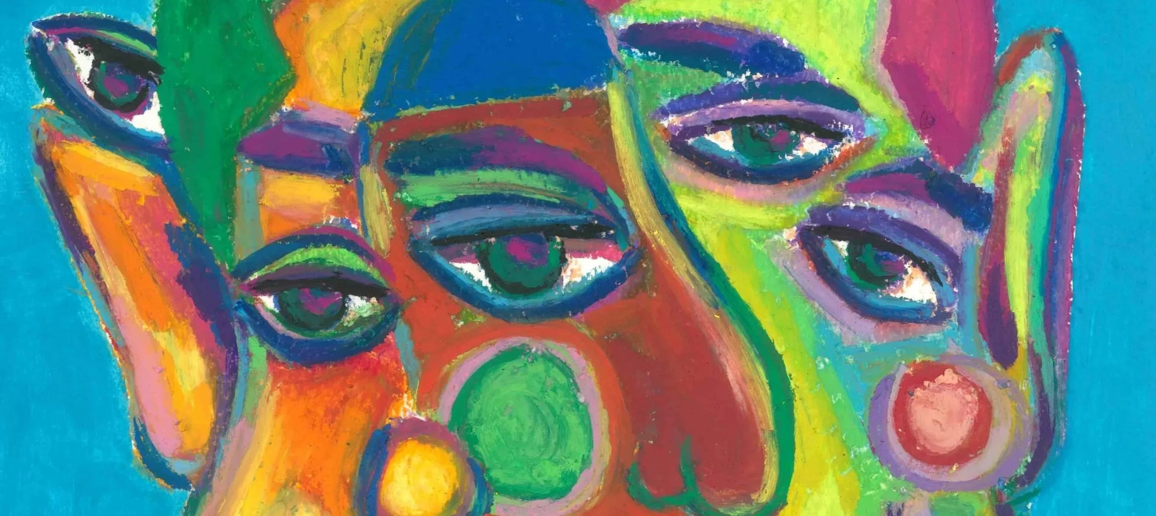 Close up of a colorful & bold oil pastel painting featuring three people, each represented in unique hues, symbolizing individuality and togetherness.