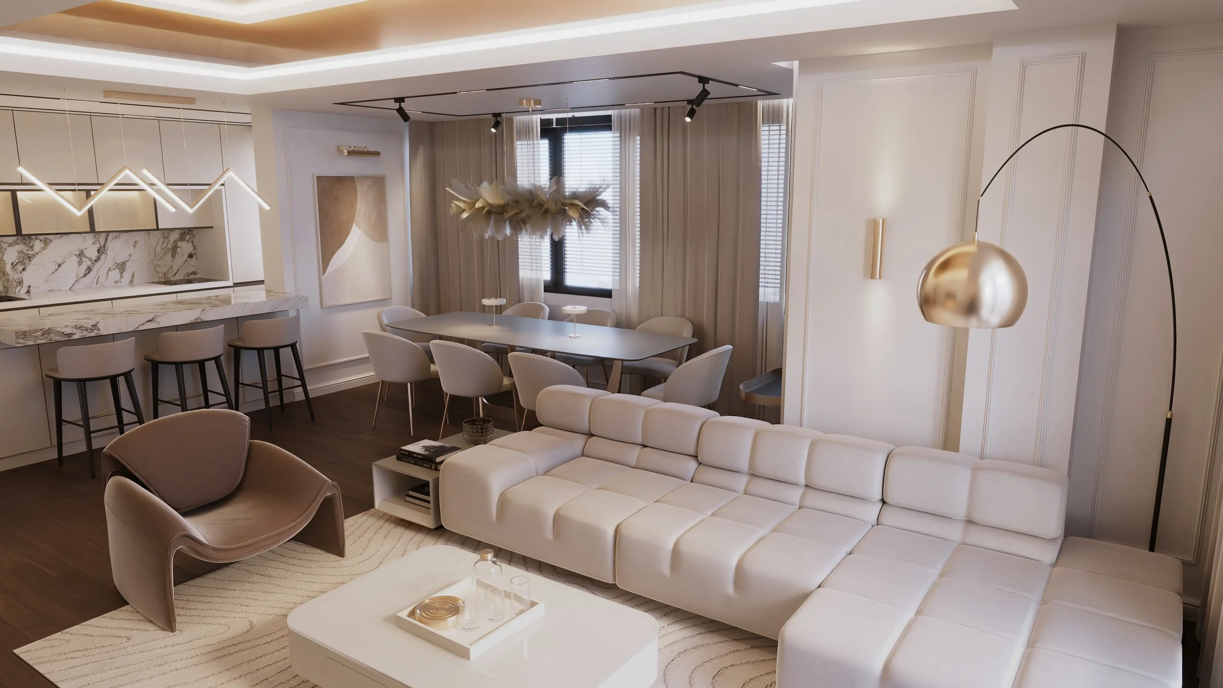 A modern living room with a white sectional sofa, an armchair, a white coffee table, and a dining area with a gray table and white chairs. Decorative lighting fixtures and artwork adorn the space, with large windows letting in natural light.