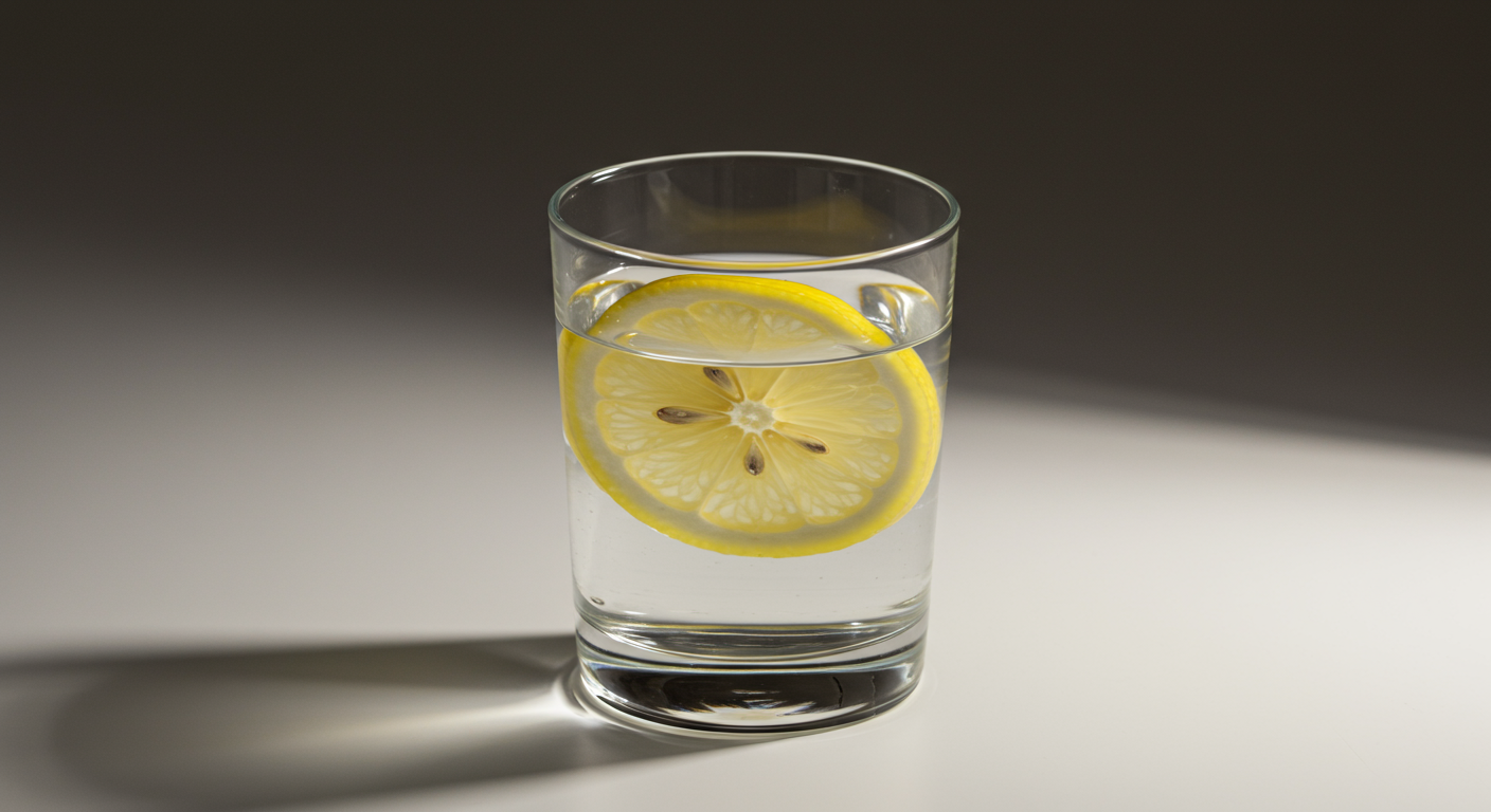 A clear glass filled with water and slices of lemon, placed on a white surface with shadows cast to the left.