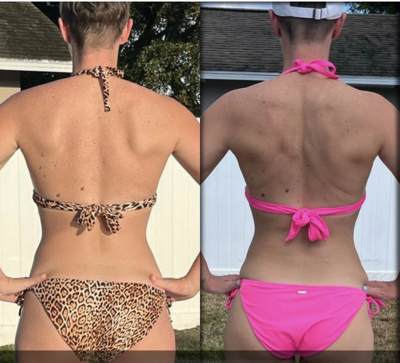 Side-by-side photos of the back of a woman wearing two different bikinis. The left bikini has a leopard print pattern, and the right bikini is bright pink. The woman has her hand on her hips in both photos.