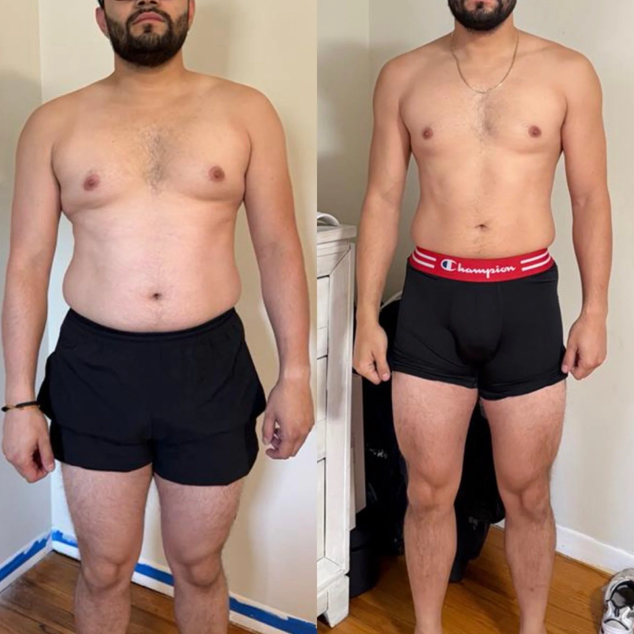 Side-by-side before and after photos of a man showing body transformation, with the left image showing a larger physique and the right image showing a thinner, toned physique.