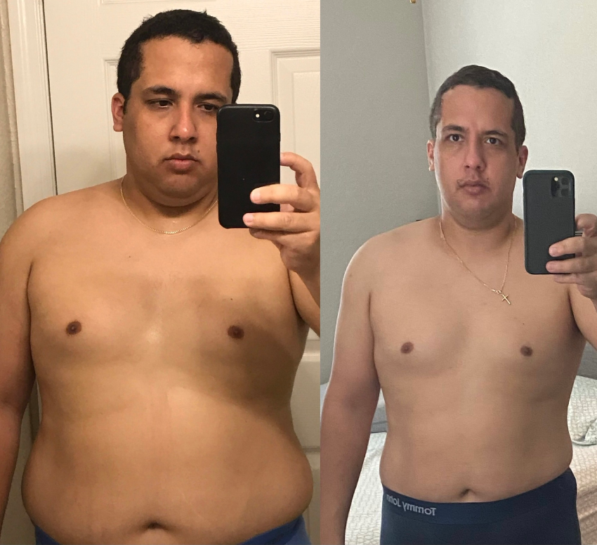 Side-by-side comparison of a shirtless man taking selfies in mirror, showing before and after weight loss transformation.