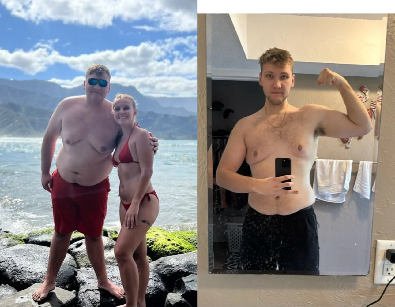 Side-by-side photos of a young man before and after losing weight. The left photo shows him with two older adults at a beach, wearing red swim trunks, with a scenic mountain background. The right photo shows him shirtless in front of a mirror, flexing his arm, with a bathroom setting.