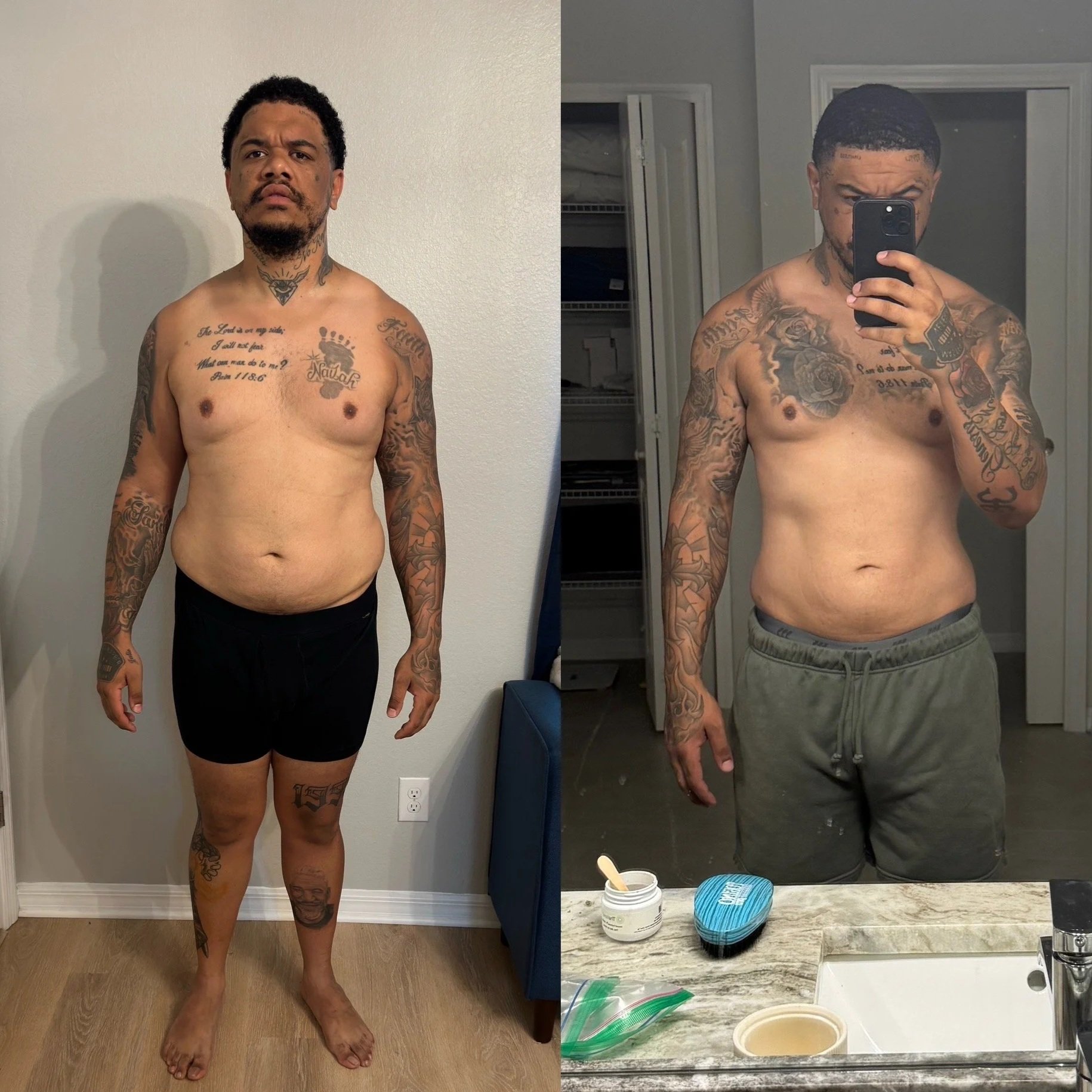 A man takes a side-by-side mirror selfie showing his tattoos and before-and-after body transformation. The left image shows him with a larger body, the right shows him with a leaner physique.