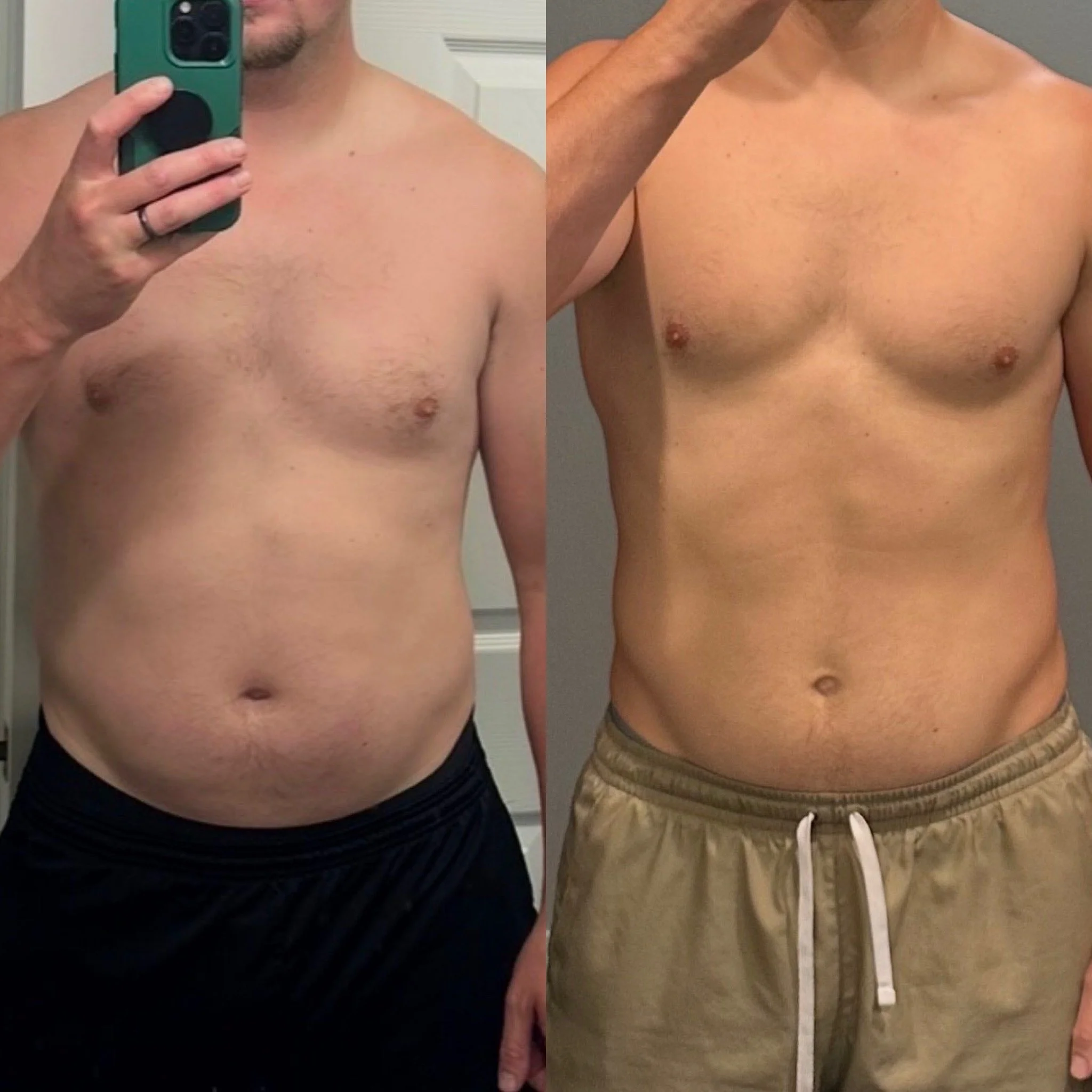 Side-by-side comparison of a person's upper torso before and after weight loss or muscle gain, with the left image showing a less toned physique and the right image showing a more toned physique wearing beige shorts.