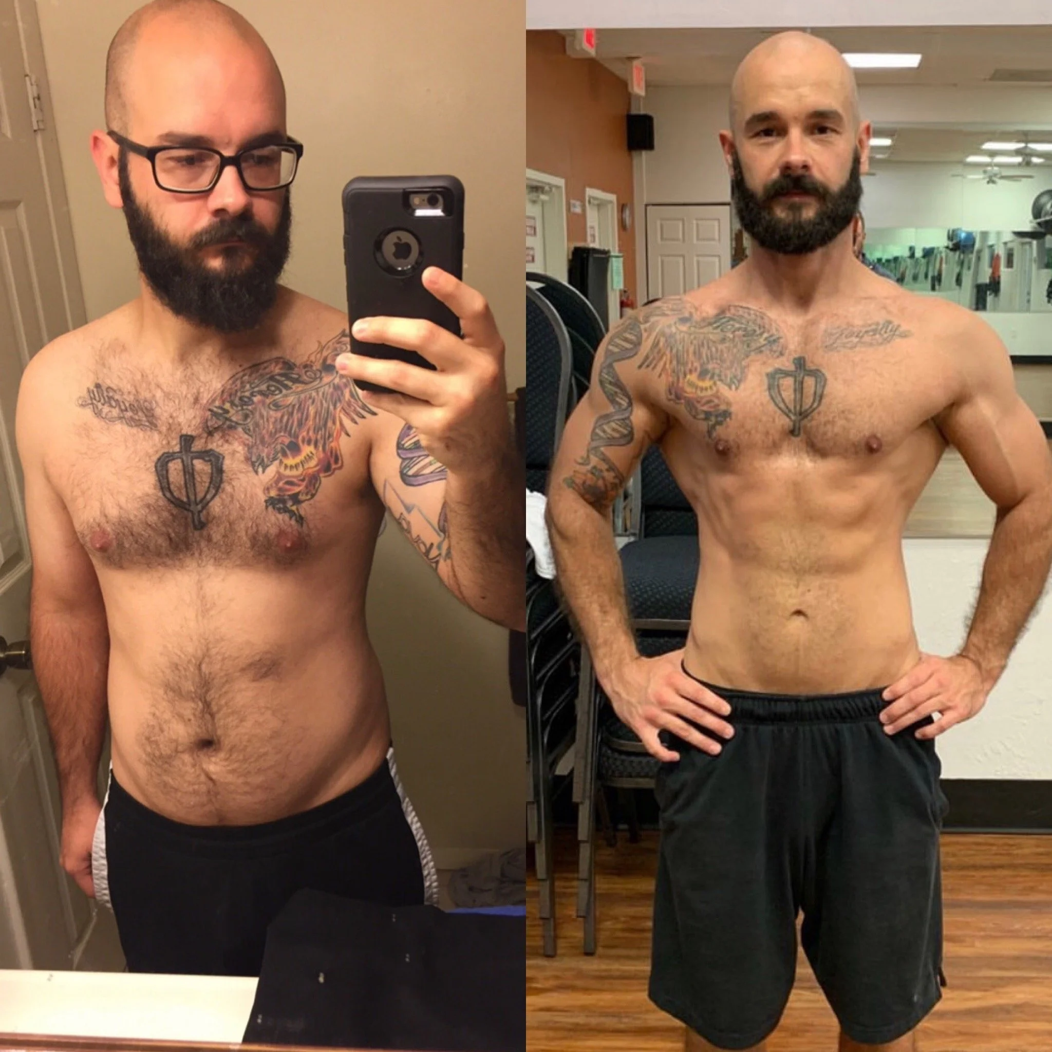 A shirtless man with tattoos on his chest and arms taking a selfie in a mirror before and after hair loss treatment, showing before on the left with a bald scalp and after on the right with a shaved head.