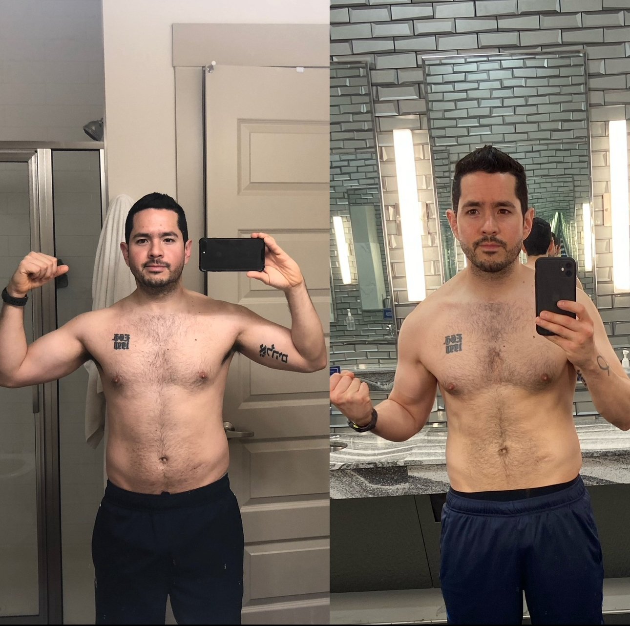 A side-by-side comparison of a man taking mirror selfies in bathroom mirrors. The left photo shows him with a fuller face and body, flexing his right arm. The right photo shows him with a leaner face and more muscle definition, also flexing his right arm.
