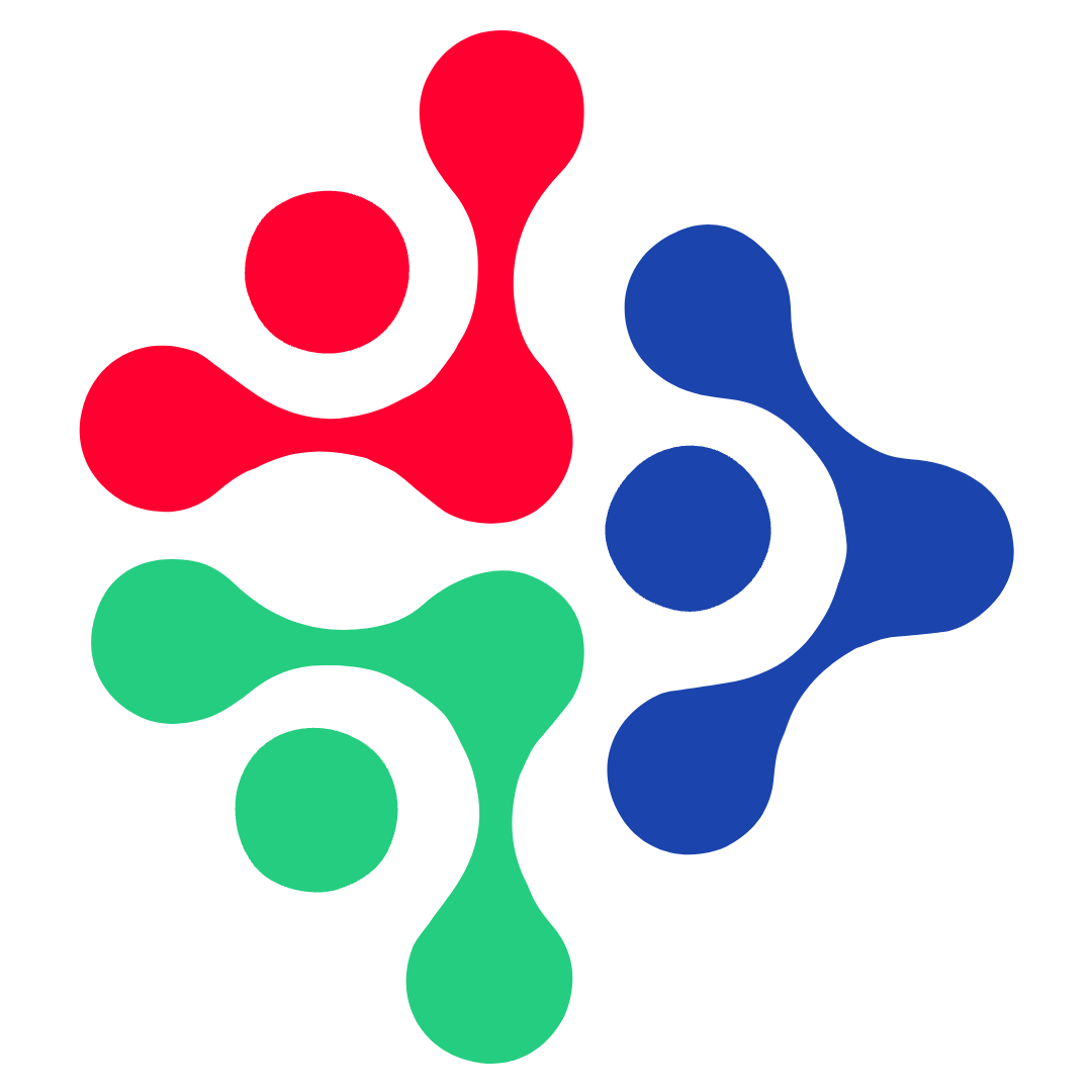 A logo with interconnected shapes in red, blue, and green, forming a circular design.