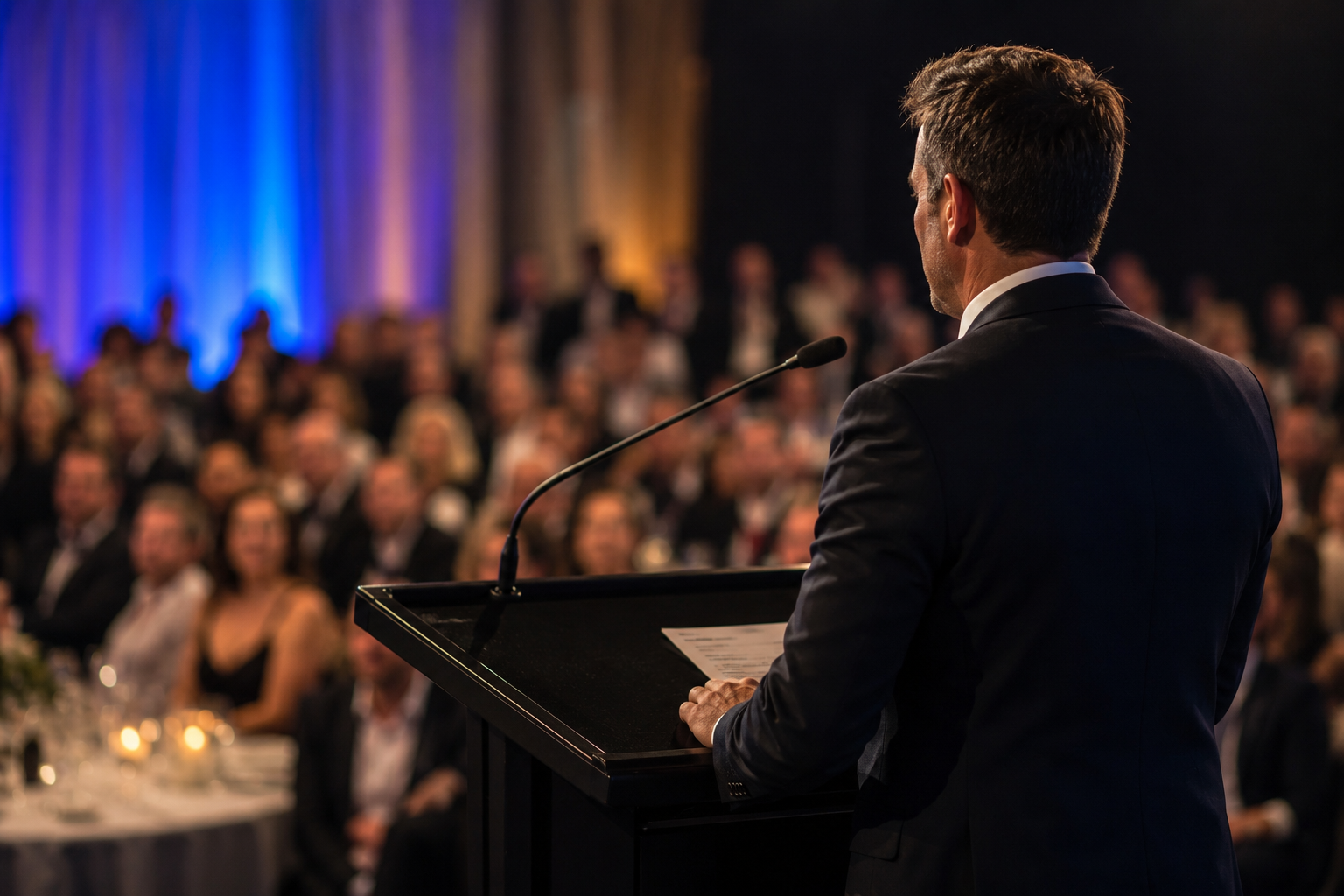 A man at a podium speaking at an event