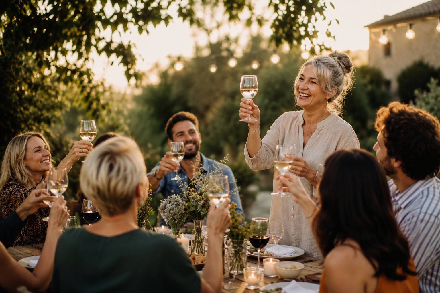 A woman raising a glass at a celebration
