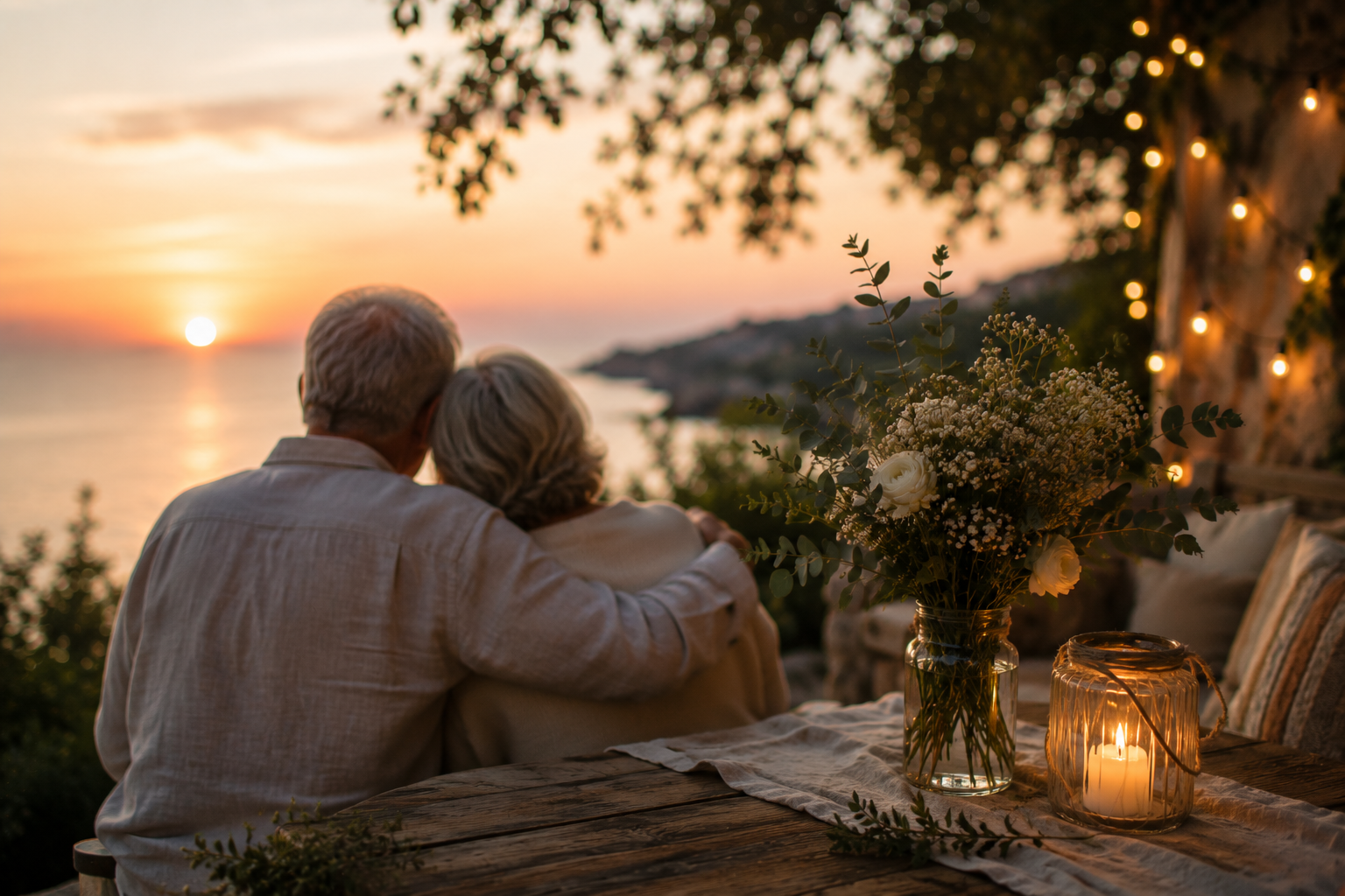 A couple enjoy the sunset having celebrated their vow renewals