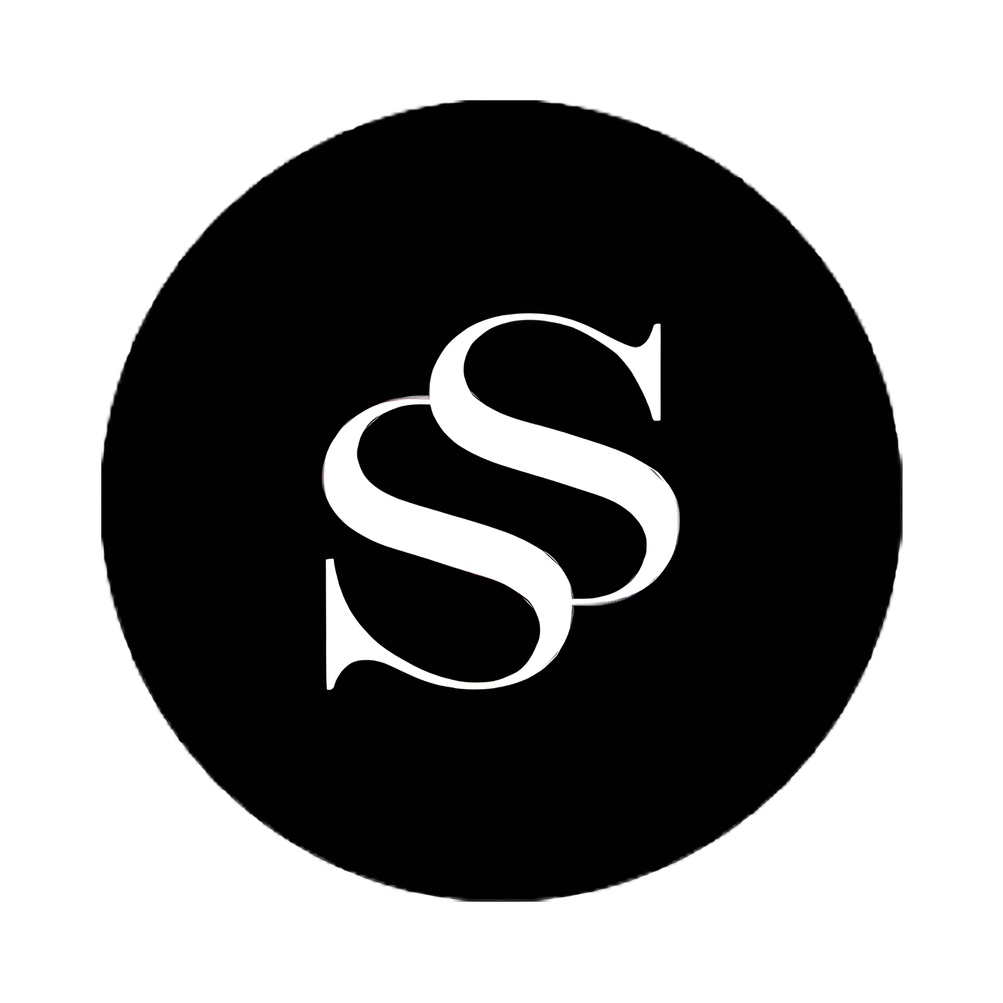 Close-up of a black circle with a white letter 'S' in the center.