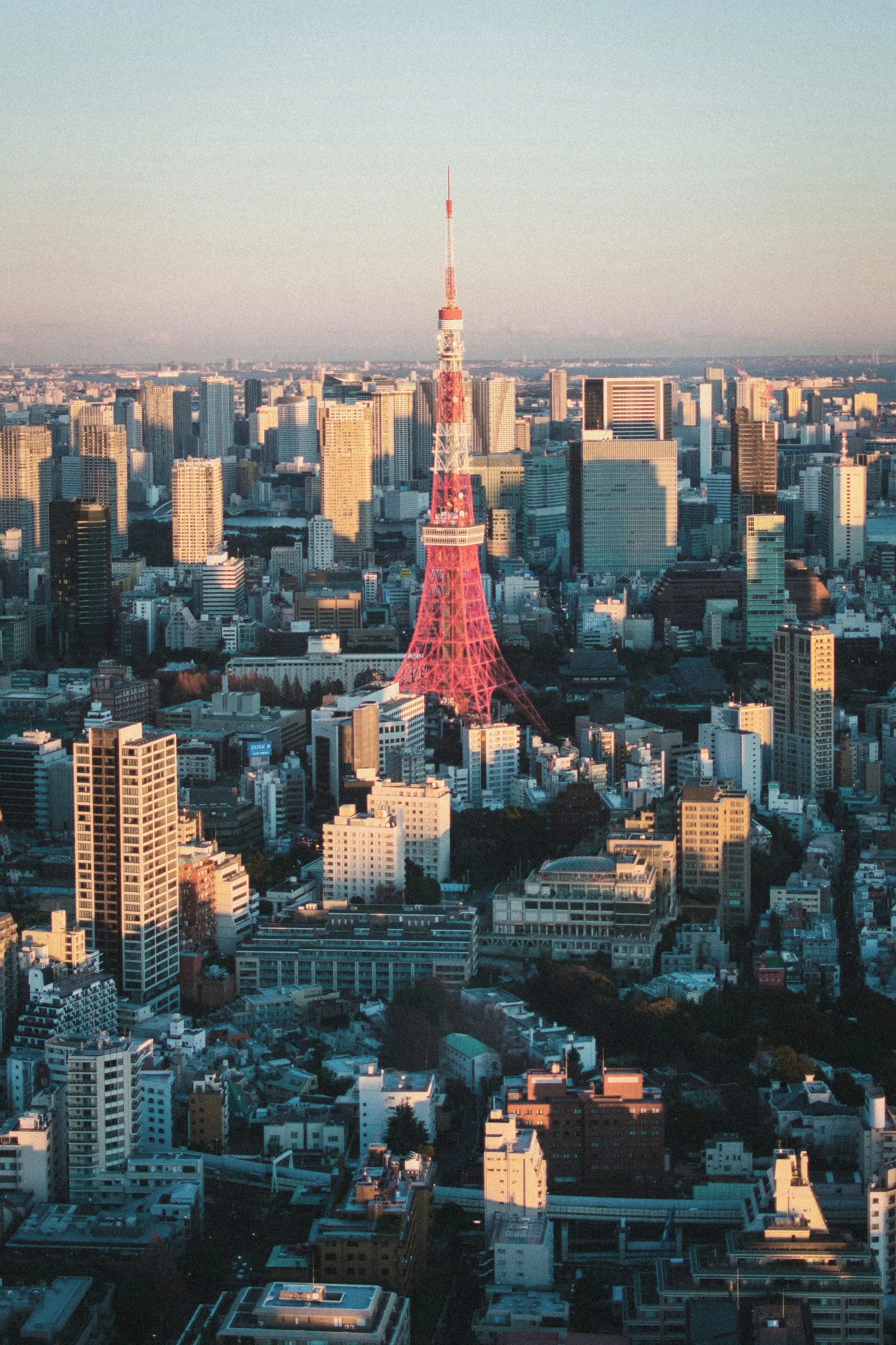 Aerial view of Tokyo skyline with Tokyo Tower in the foreground during sunset.
