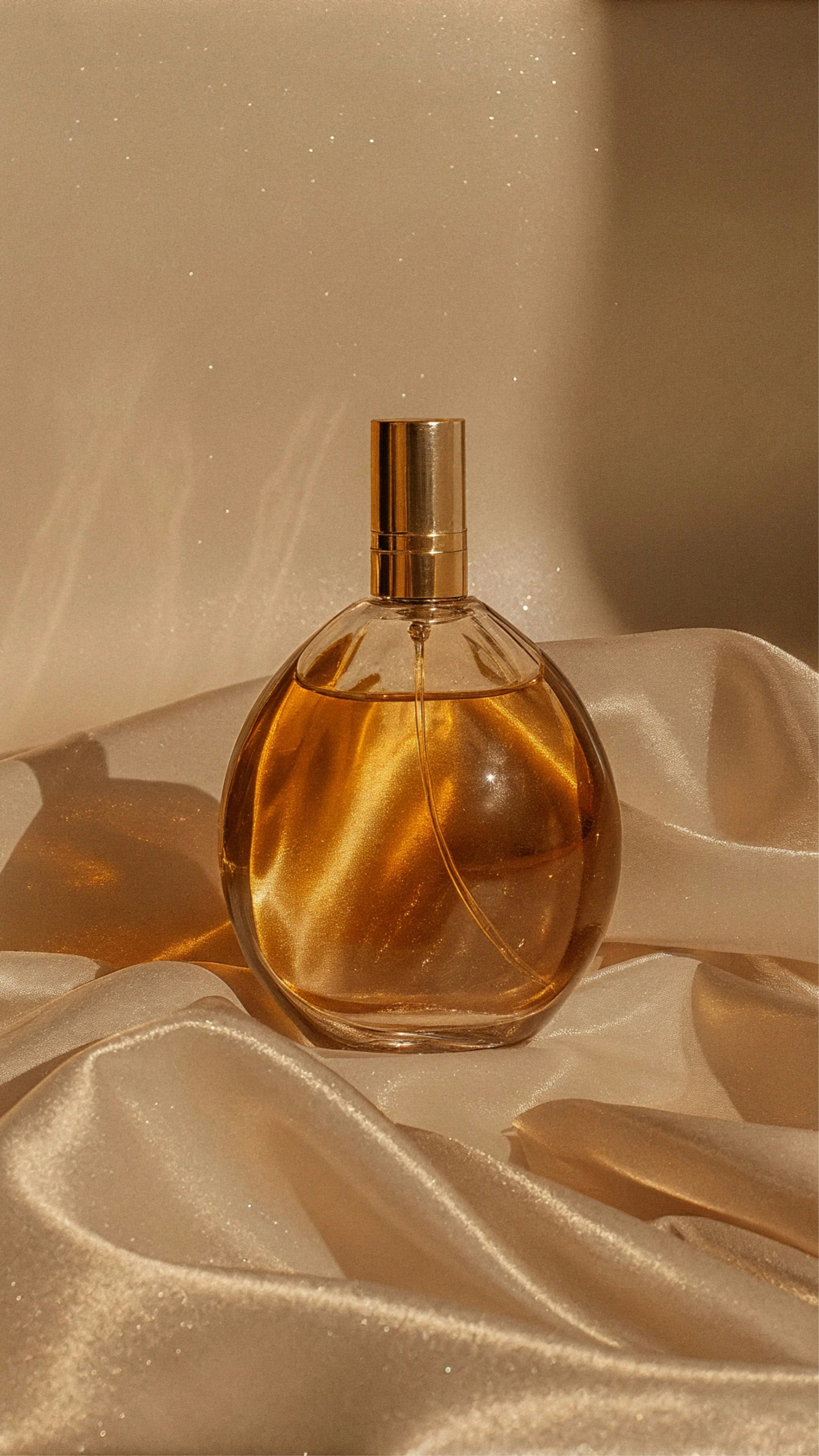 A gold-colored perfume bottle with a spray nozzle, placed on shiny satin fabric with soft lighting and a glittery background.