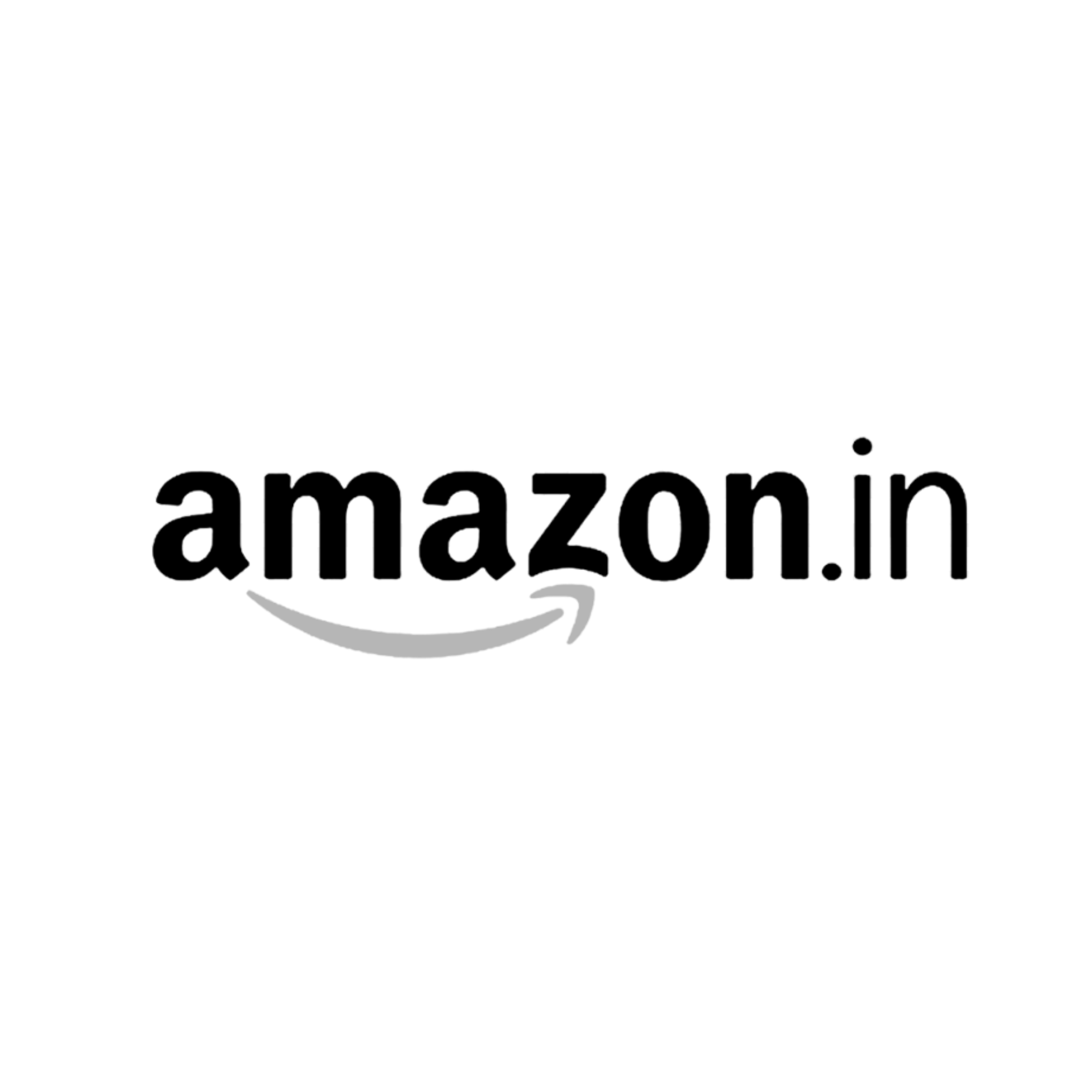 Black text that reads 'amazon'in black font with a gray curved arrow underneath on a white background.