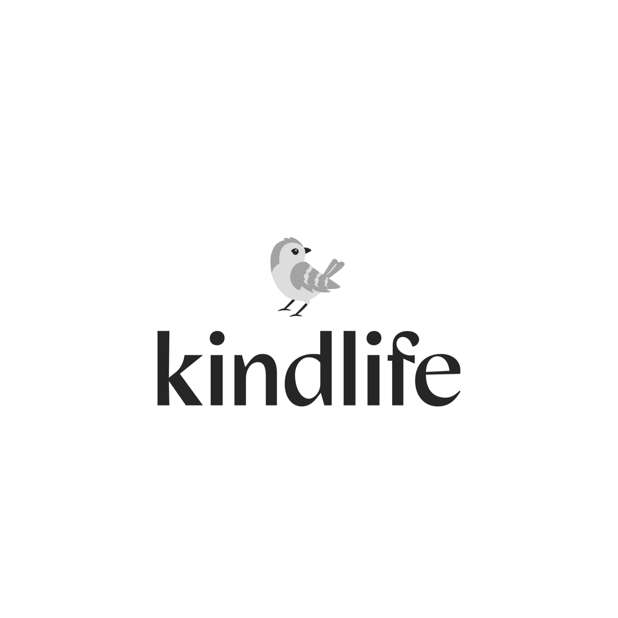 A cartoon illustration of a small bird standing on the ground with the phrase 'kind life' written below.