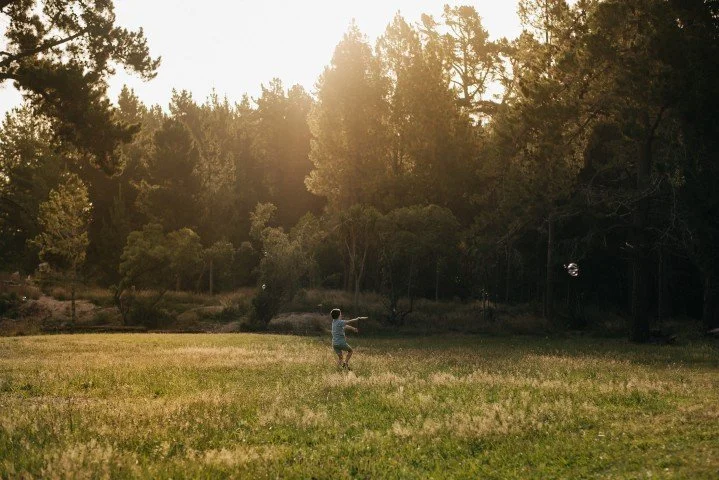 A child playing with a ball in a grassy field surrounded by trees during sunset.